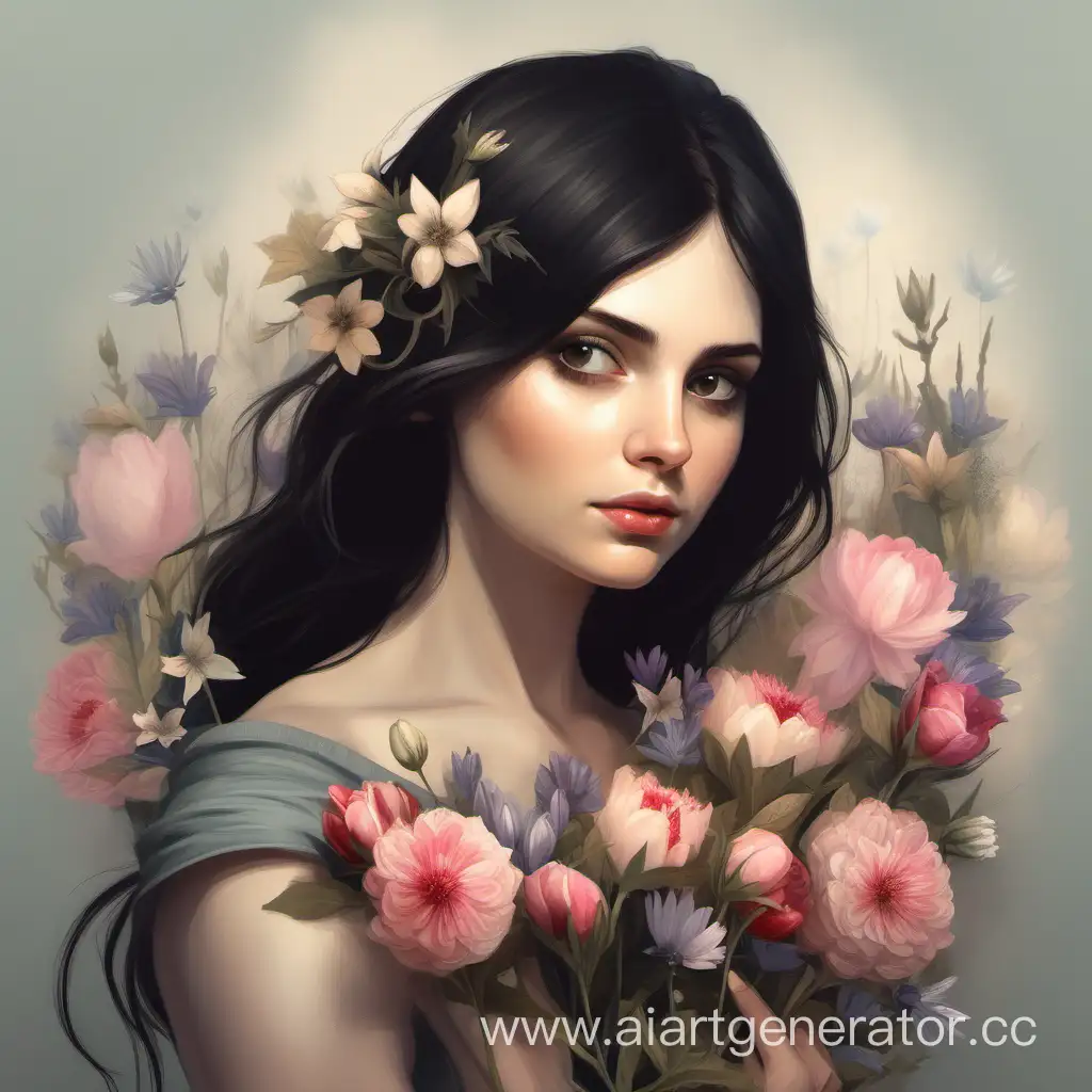 темноволосая девушка портрет по плечи весенняя с цветами