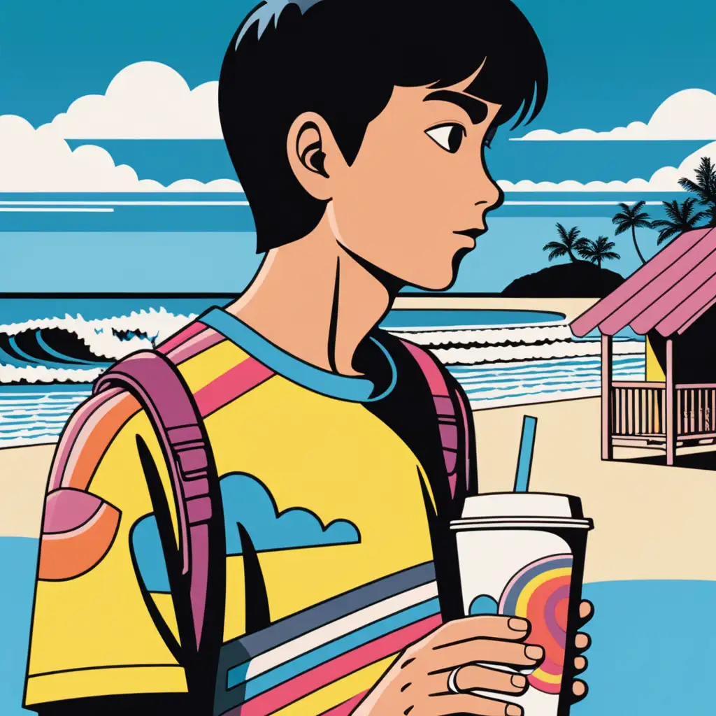 Hiroshi Nagai's artistic style, surf culture, tropical landscape, unique color palette, flat graphic expression, bright colors and abstract shapes, optimistic and warm emotions, close-up of a boy's face, take-out iced coffee in hand