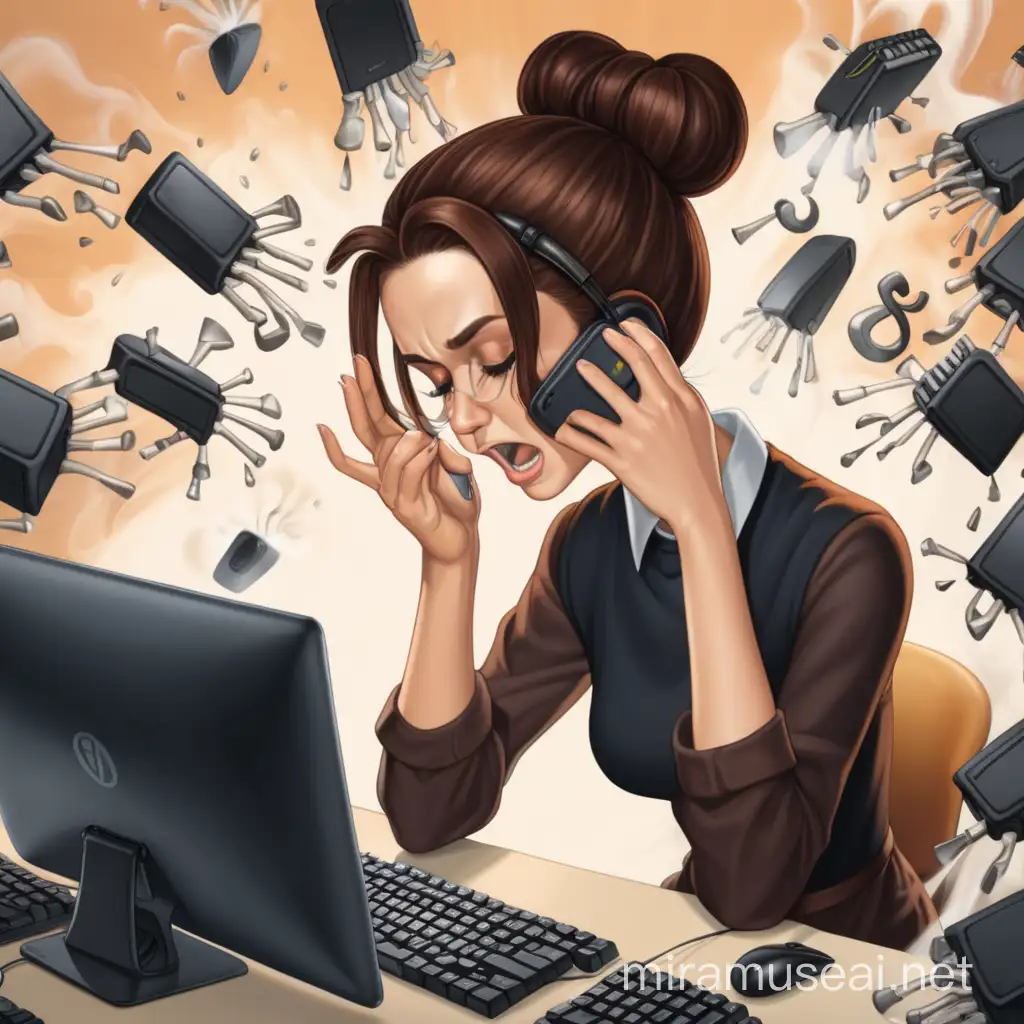 A lady with dark auburn hair in a bun sits at a desk, the lady types on the keyboard furiously with all 6 of her hands, steam pours out from her ears, 