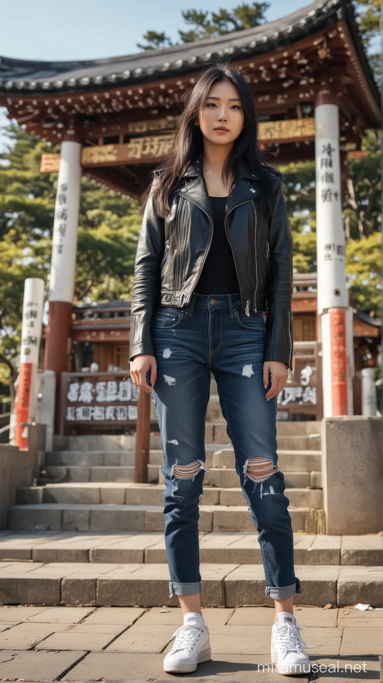 Stylish Korean Woman Posing at Nagoya Shrine on Sunny Morning