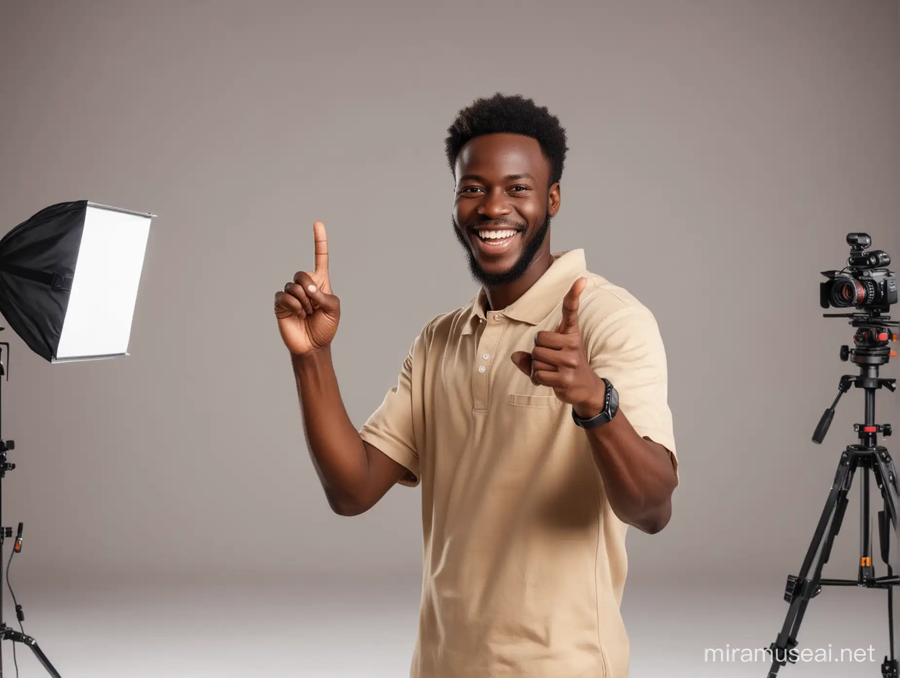 Joyful African Man Giving OK Sign on Video Shooting Stage