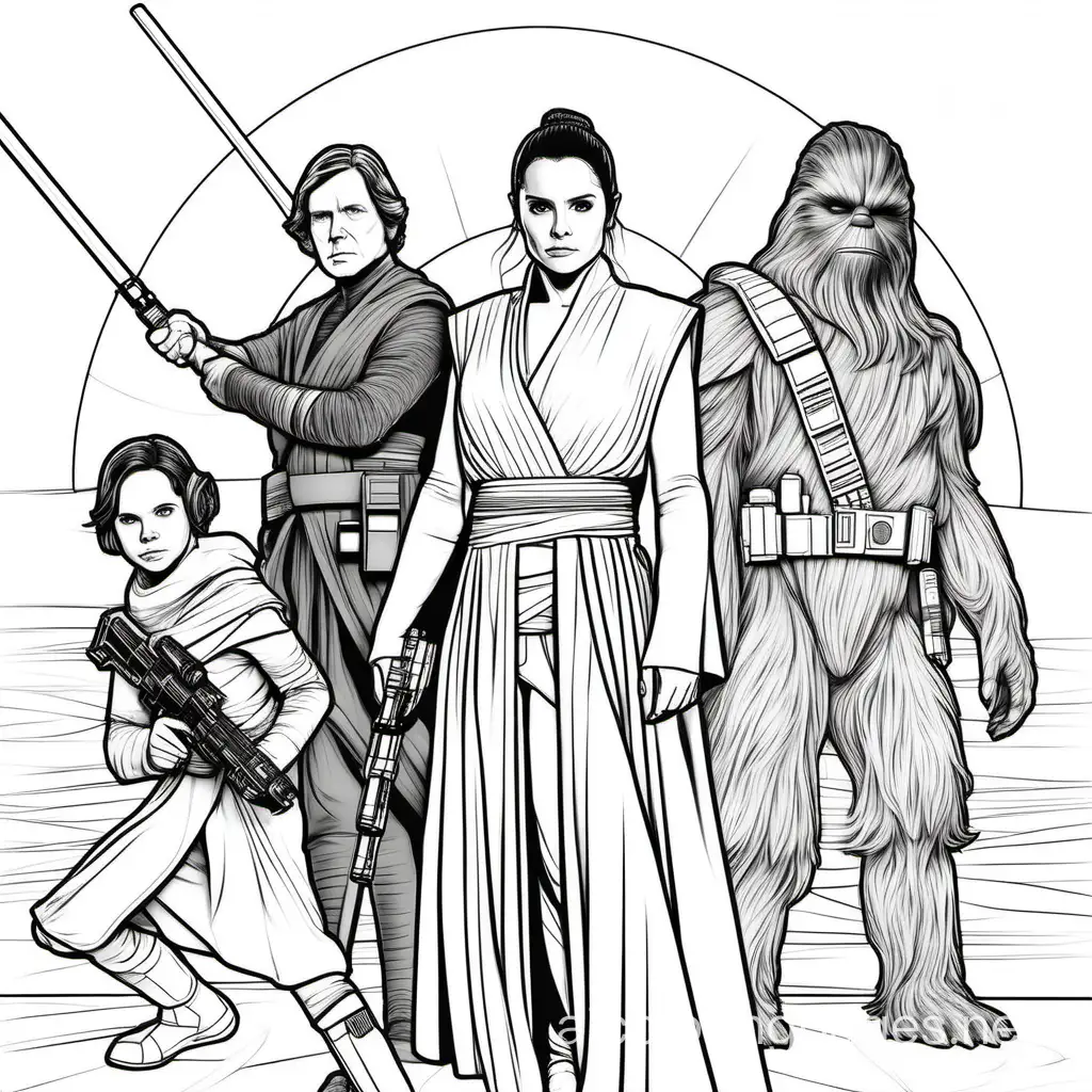 star wars the last jedi characters, Coloring Page, black and white, line art, white background, Simplicity, Ample White Space. The background of the coloring page is plain white to make it easy for young children to color within the lines. The outlines of all the subjects are easy to distinguish, making it simple for kids to color without too much difficulty