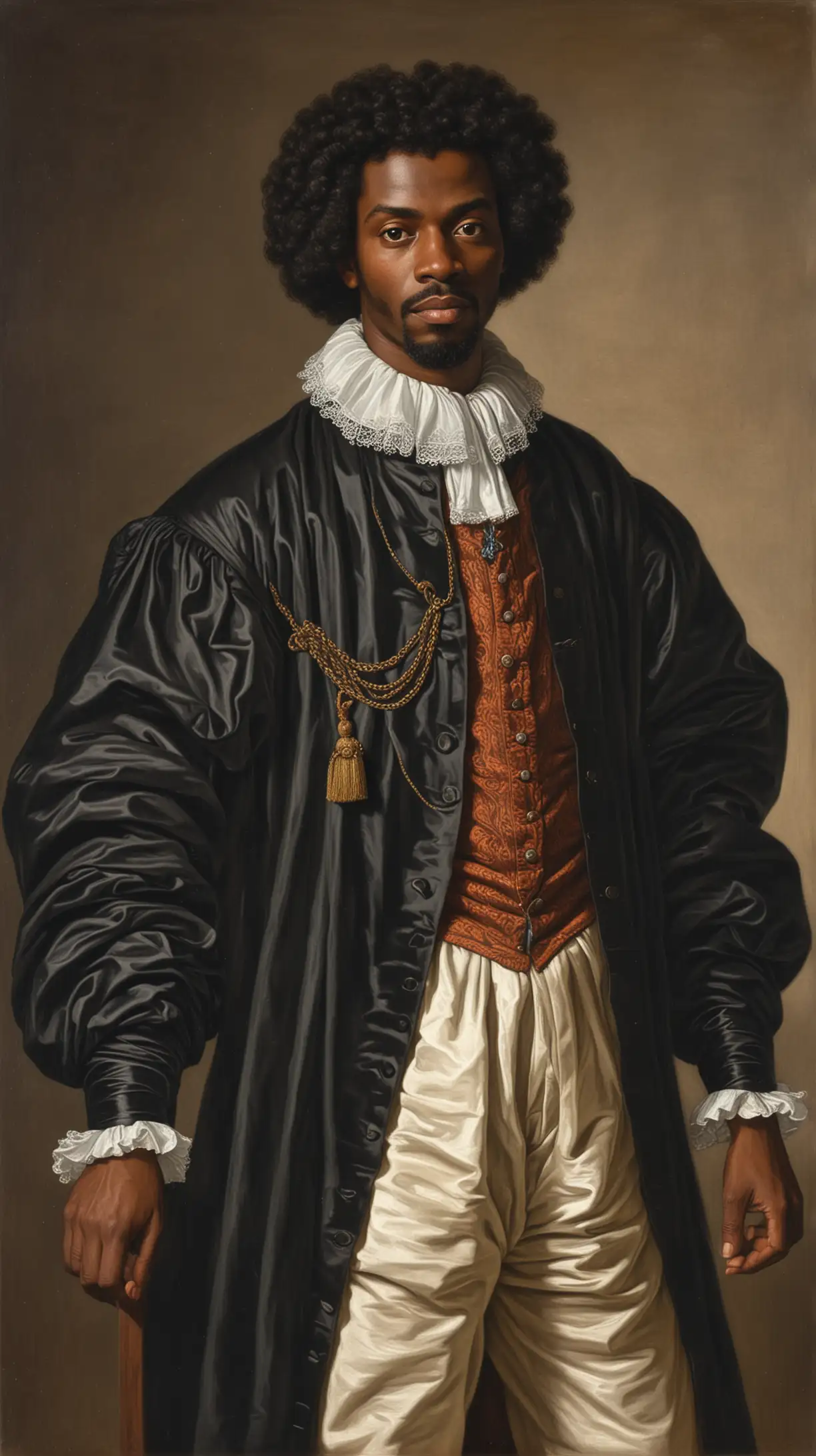 Seventeenth Century Black Man Portrait with Ornate Attire and Regal Demeanor