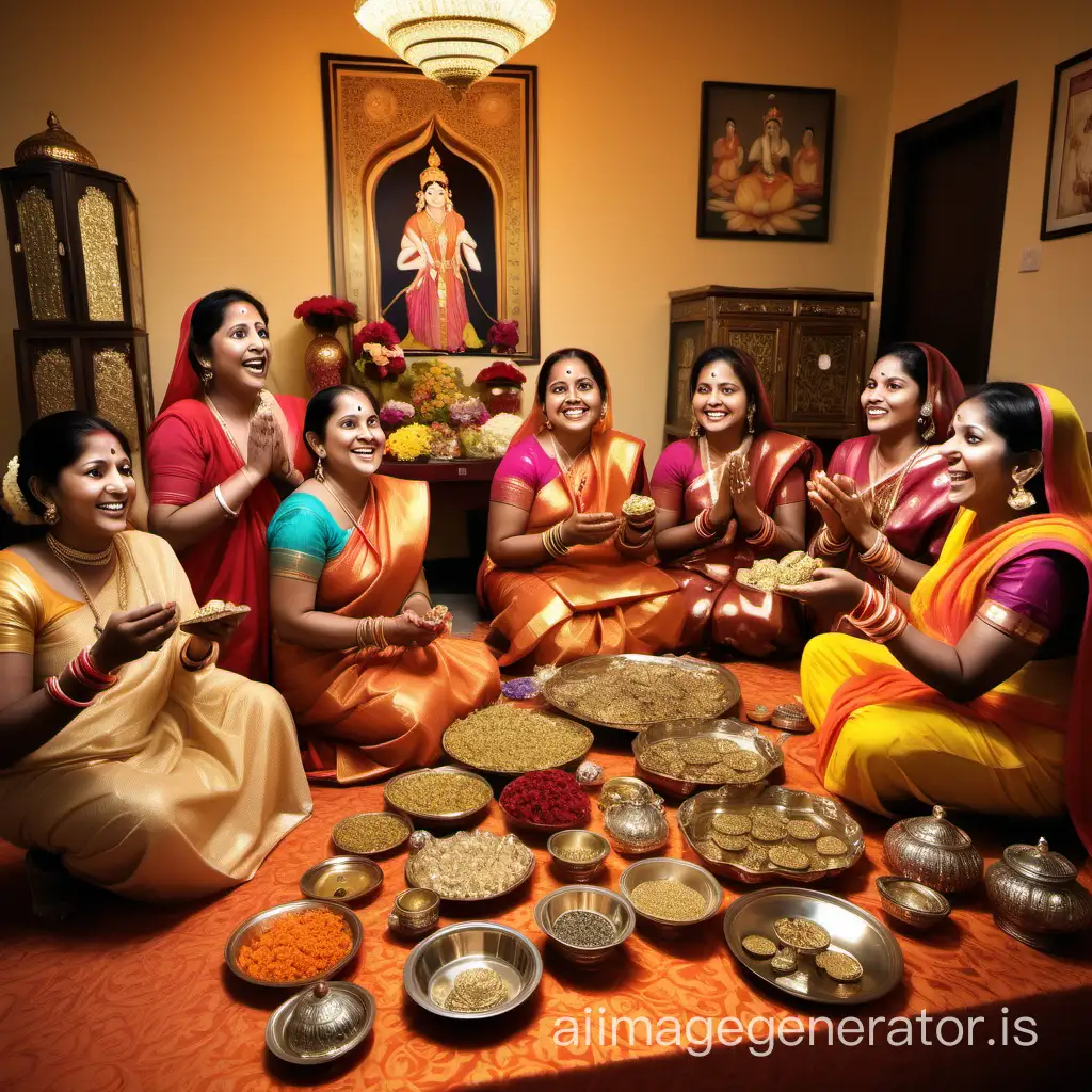 In a room adorned with dowry treasures, a handful of women are bustling with excitement and surprise. Their eyes gleam with joy and anticipation, overwhelmed by the abundance before them. Each item carries promises of love and prosperity, filling the atmosphere with happiness and delight.