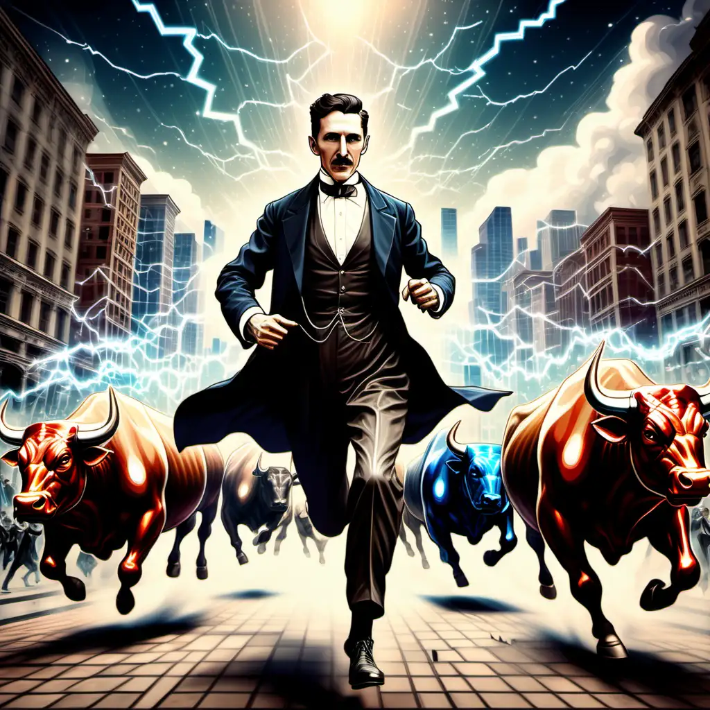 Nikola Tesla running with the bulls, the bulls are made out of diamonds, electric city background 