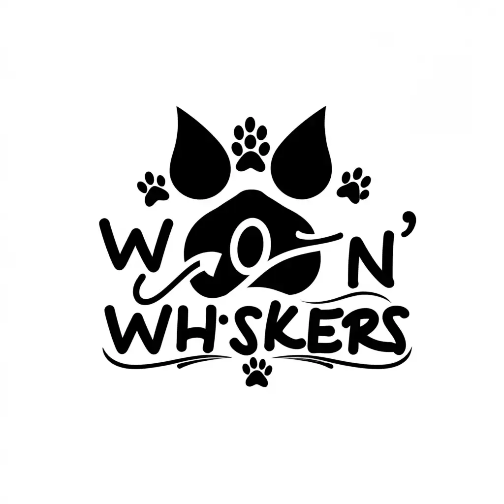 a logo design,with the text "WOOF N' WHISKERS", main symbol:paws, cat,Minimalistic,clear background