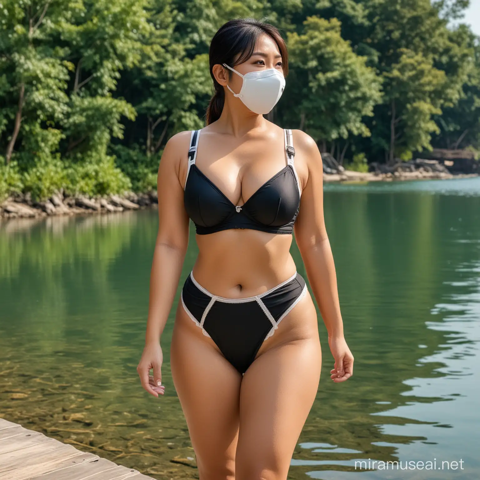 Sultry Asian Woman in Respirator Mask by Lakeside