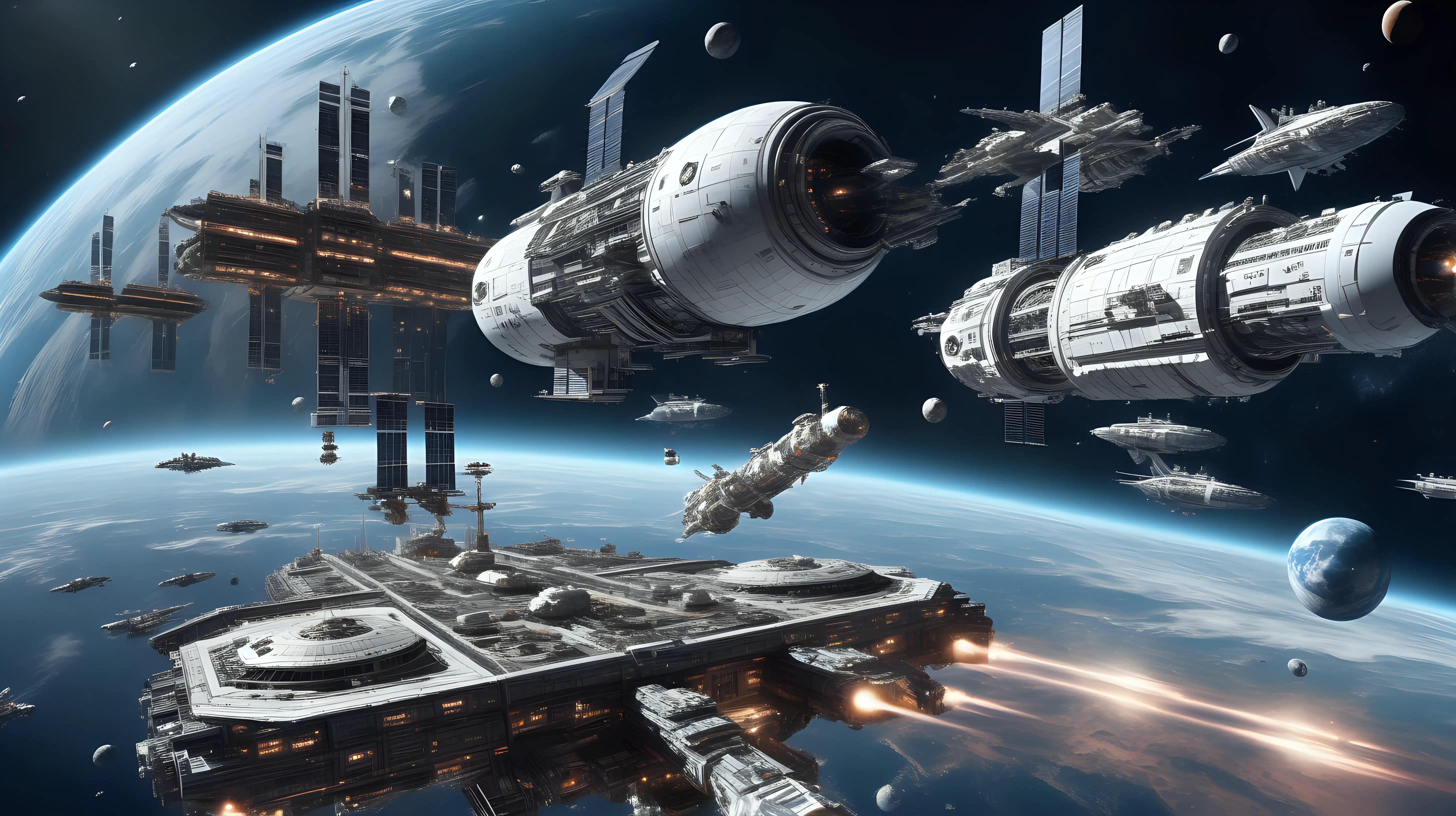 Intricate Space Armada Converging on Massive Fortified Space Station