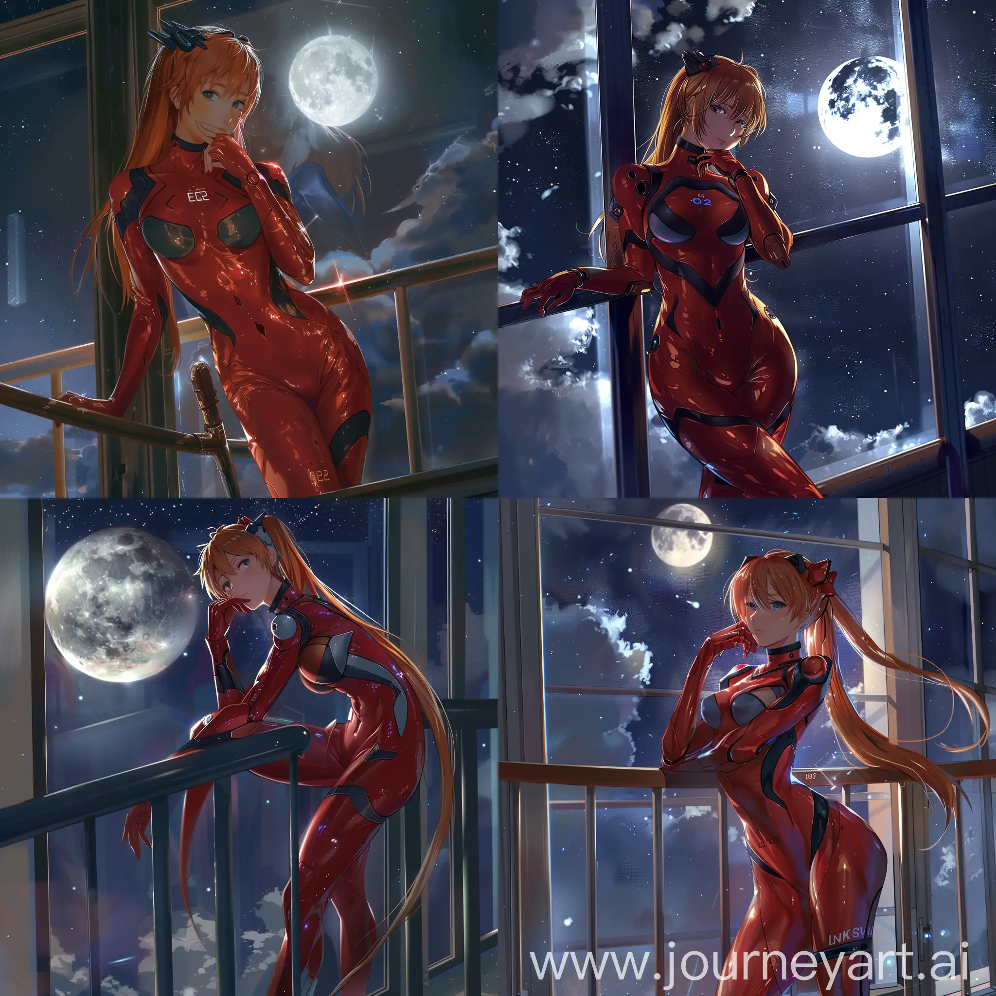 Asuka Langley Soryu from the popular series Neon Genesis Evangelion, standing elegantly on a windowsill at night, bathed in the soft silver glow of the moon. She leans casually against the railing, one hand supporting her chin in a thoughtful pose, while the other hand rests effortlessly on the railing beside her. The moonlight casts a gentle luminescence on her distinctive red EVA Unit-02 battle armor, highlighting its intricate details and reflecting off the windowpanes behind her. The backdrop is a starry night sky, with the moon partially obscured by wispy clouds, creating a serene yet mysterious atmosphere