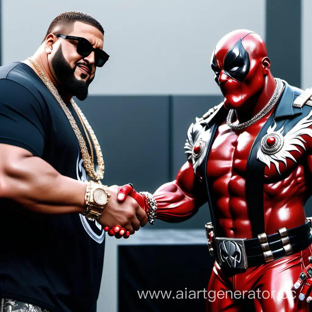 Marvel's VenomPool, wearing designer sunglasses, huge jewelry and a platinum Chiefs jersey, shaking hands with DJ Khaled
.
Ultra realistic, extremely detailed, detailed faces, 8K resolution, best quality, masterpiece,