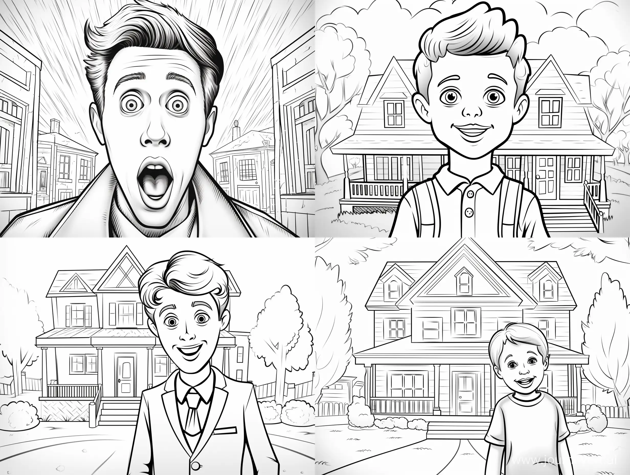 Coloring page for kids, house of Home Alone film, cartoon style, low detail, thick lines, no shading