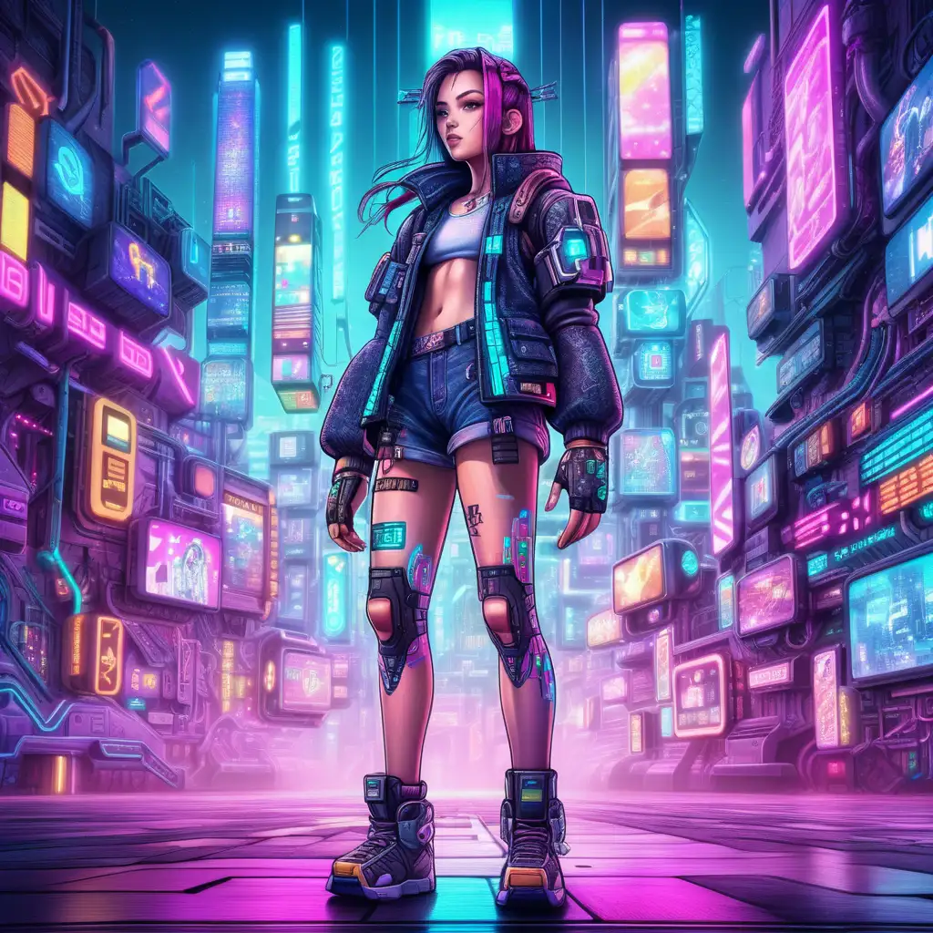 in cartoon cyberpunk style, an HD full body head to toe in a standing position image of  beautiful girl in colorful cyberpunk world made of pixels and code, a beautiful, digital wonderland