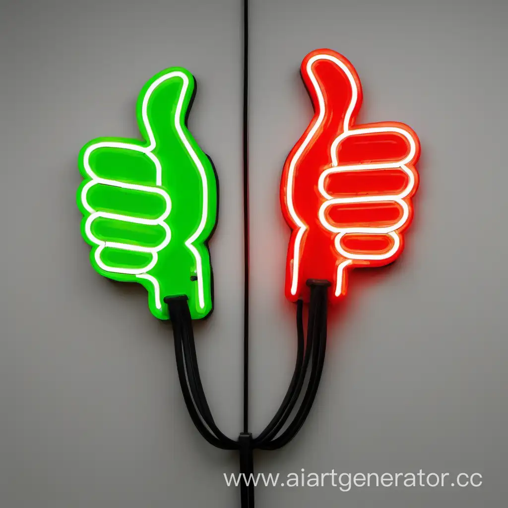 картинка для отзывов, два пальца вверх из гибкого неона, один зеленый, второй красный