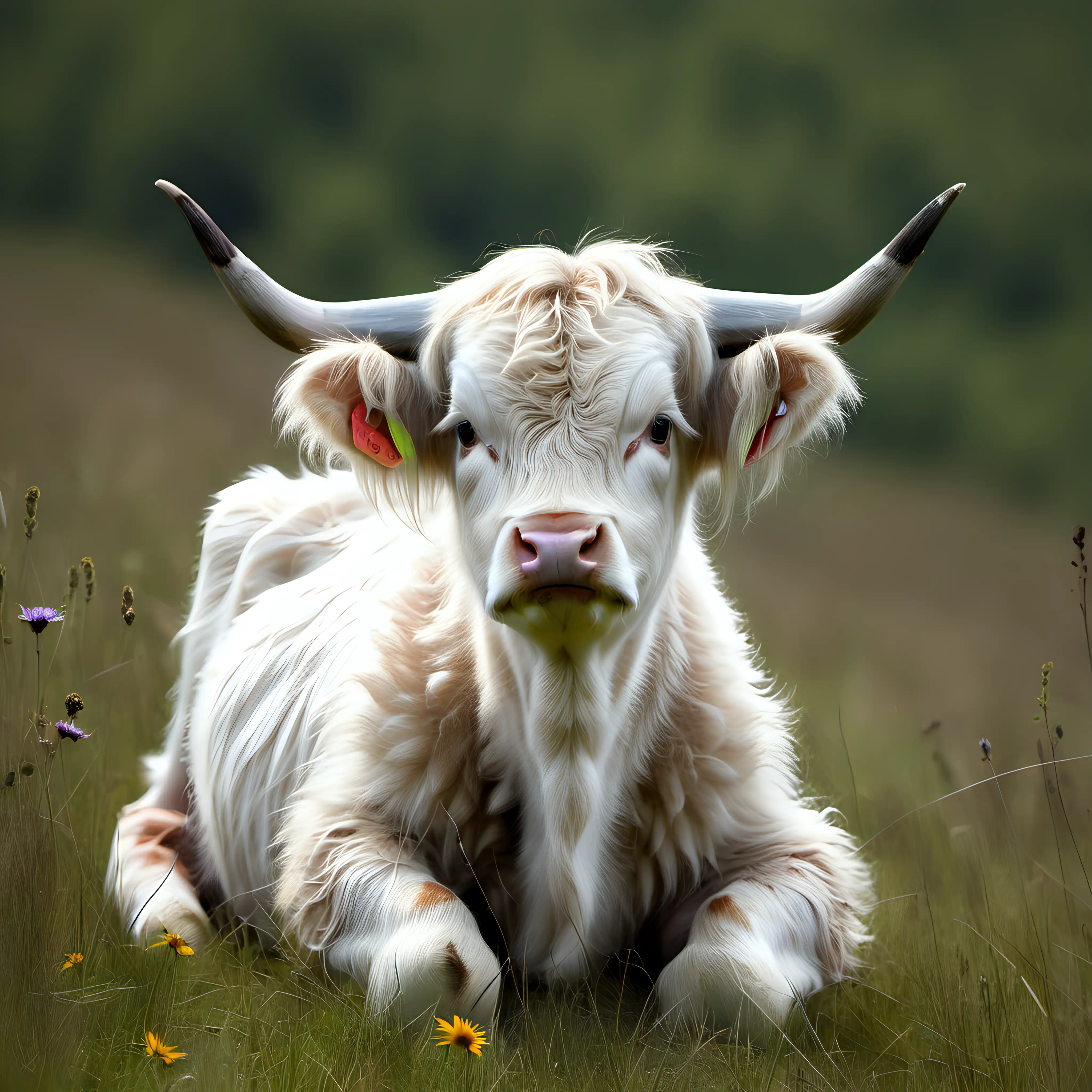 long haired light colored highlander calf, short horns, in a meadow, sitting
