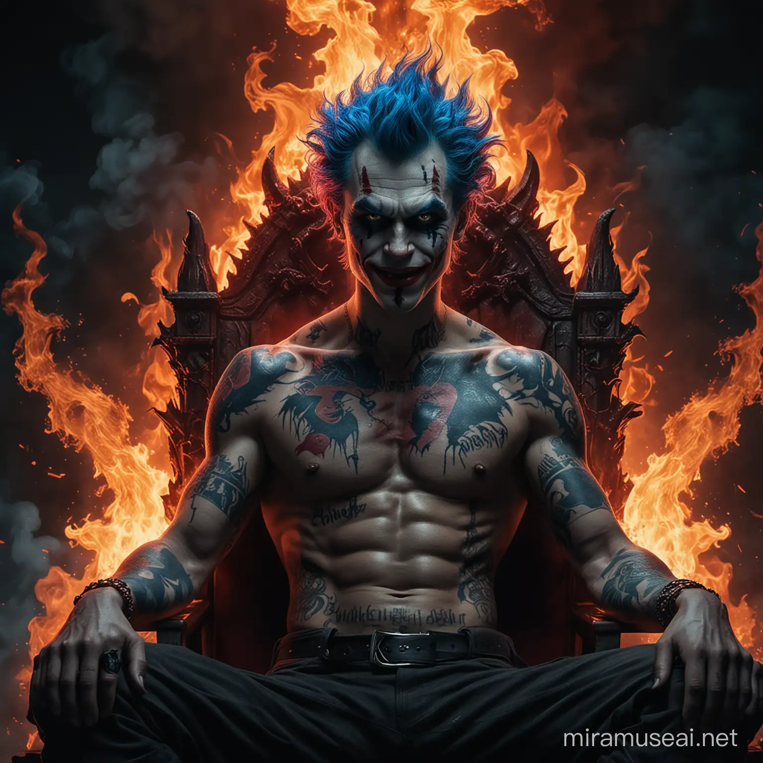 Photoshop realistic sinematic Joker  bertato naga merah,biru membara,berkobar,bergelora,asap membara duduk di singgasana iblis di neraka v4 berwarna realistis, api merah,biru membara dimana-mana.