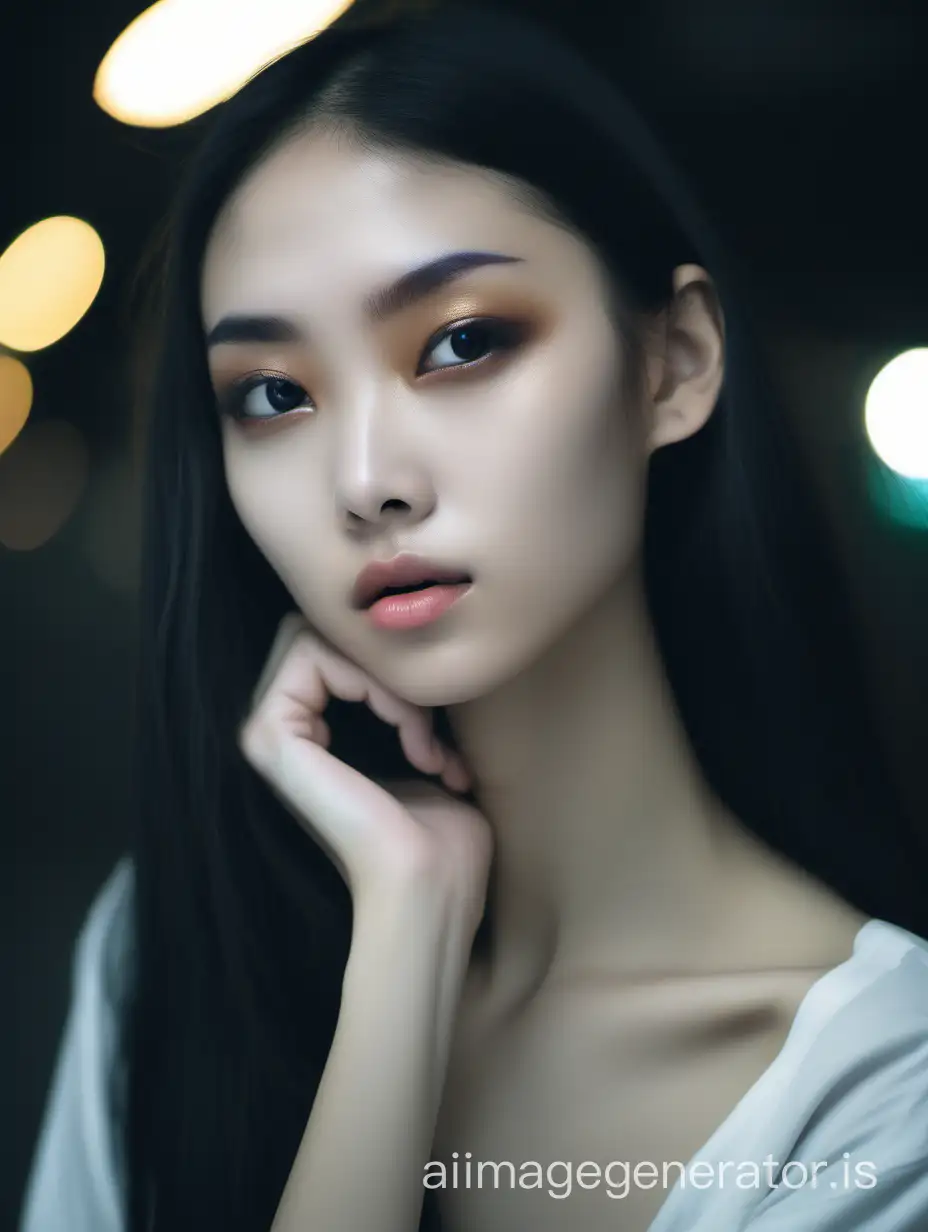 small gorgeous oriental woman resting black eyes big apple of eye but not sleeping, slim very small tip very lean nose very very very beautiful young fashion model flesh face great very normal flat mouth full head full maximum frontal hair portrait pale pure normal great skin pale very thin eyebrows 2024 dark nightime black clothes strong body