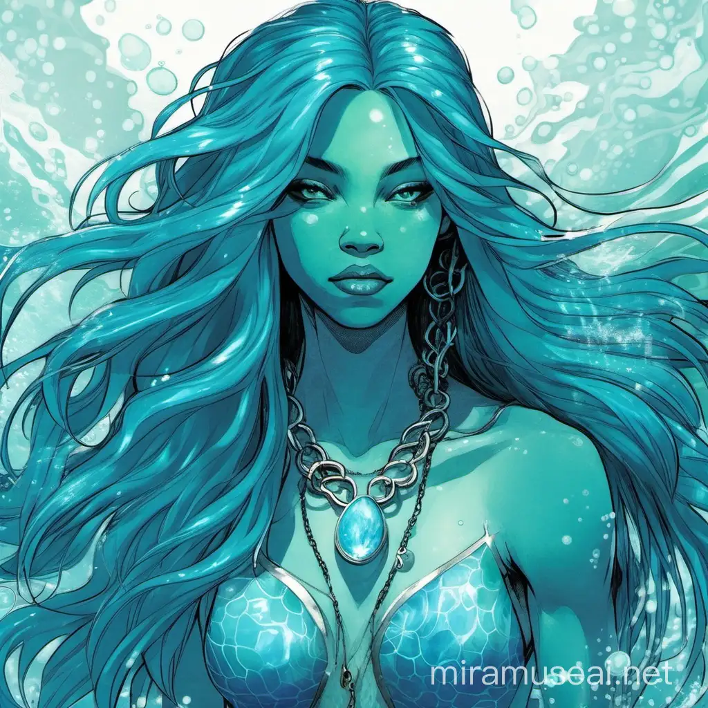 Mystical Aquatic Being with Flowing Long Hair and Aquamarine Necklace