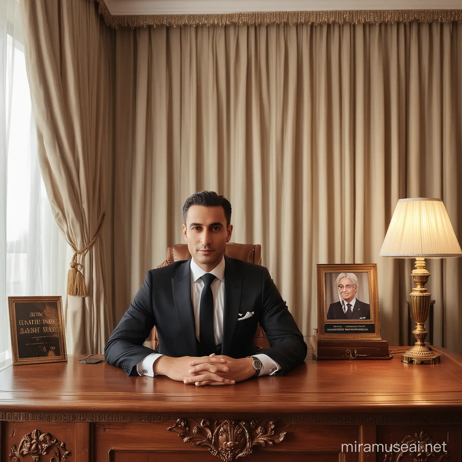 A picture design of me sitting behind a very luxurious wooden desk, wearing a classic formal suit, and behind me a very luxurious curtain. There is a sign on the desk with the name “BASSEM ONSY” on it, and there is also a chic and luxurious lampshade on the desk.