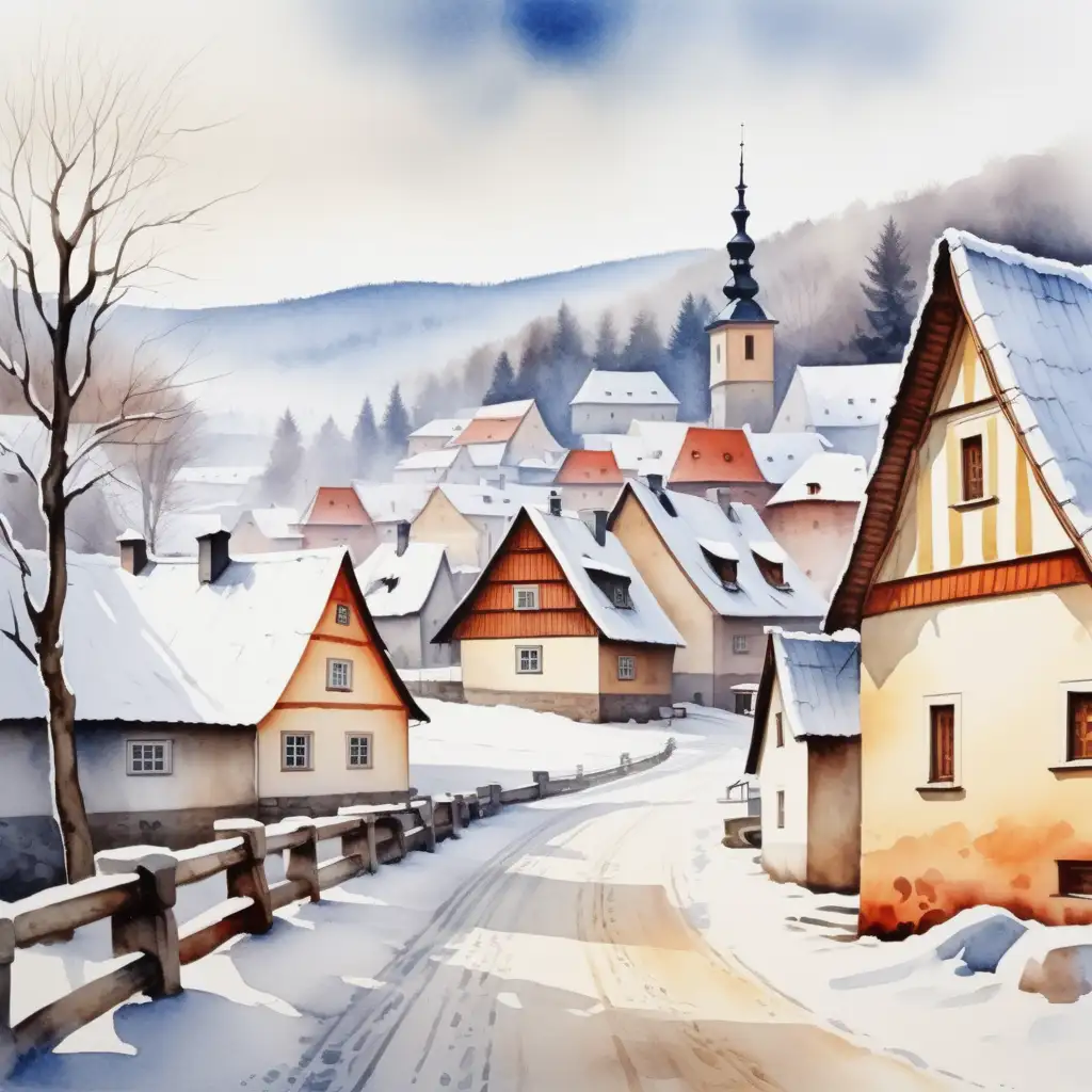 Vytvoř realistickou tvář _česká tradiční vesnička, styl josef Lada, zimní krajina, _akvarel styl