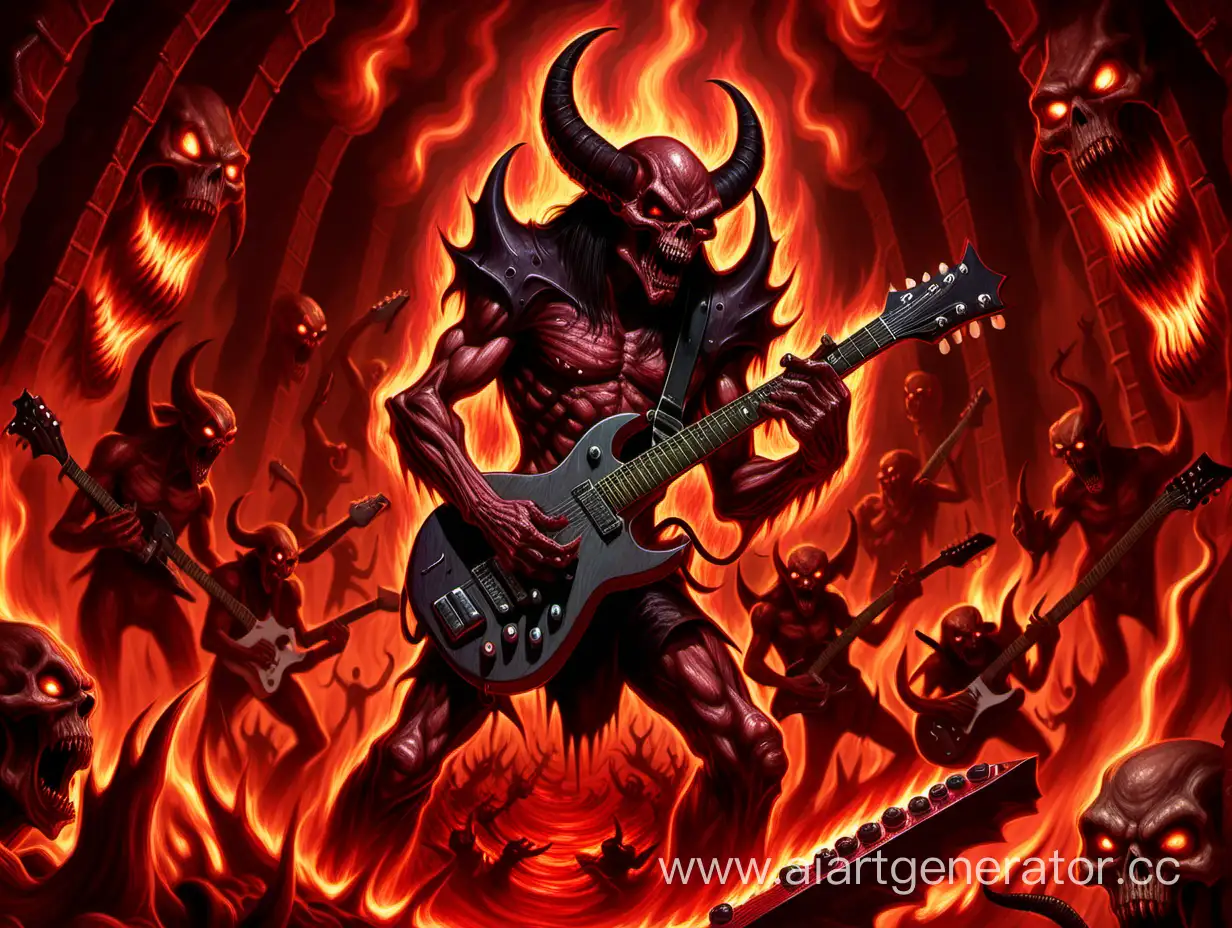Демон-рокер играющий на гитаре в аду . Арт в стиле игры Doom