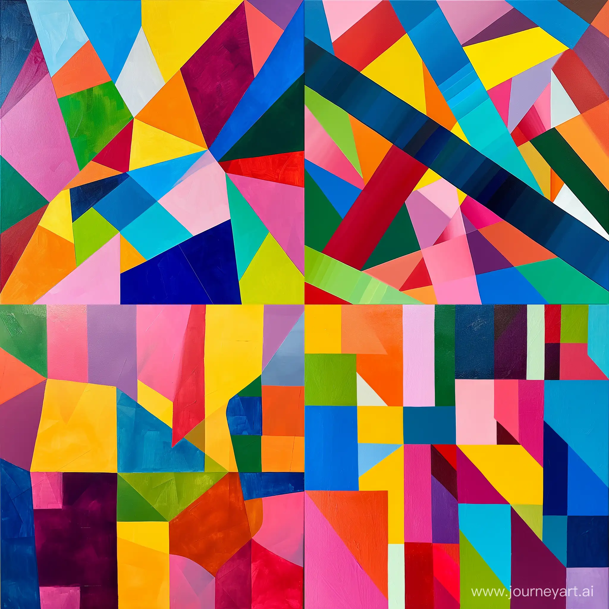 A colorful abstract painting, bright and vivid hues, geometric patterns, on canvas. Sharp lines intersecting, playful color blocks. Created Using: acrylic paints, modern abstract, precise lines, smooth canvas, lively, geometric, harmonious, bold, glibatree prompt, saturated colors, matte finish --ar 1:1