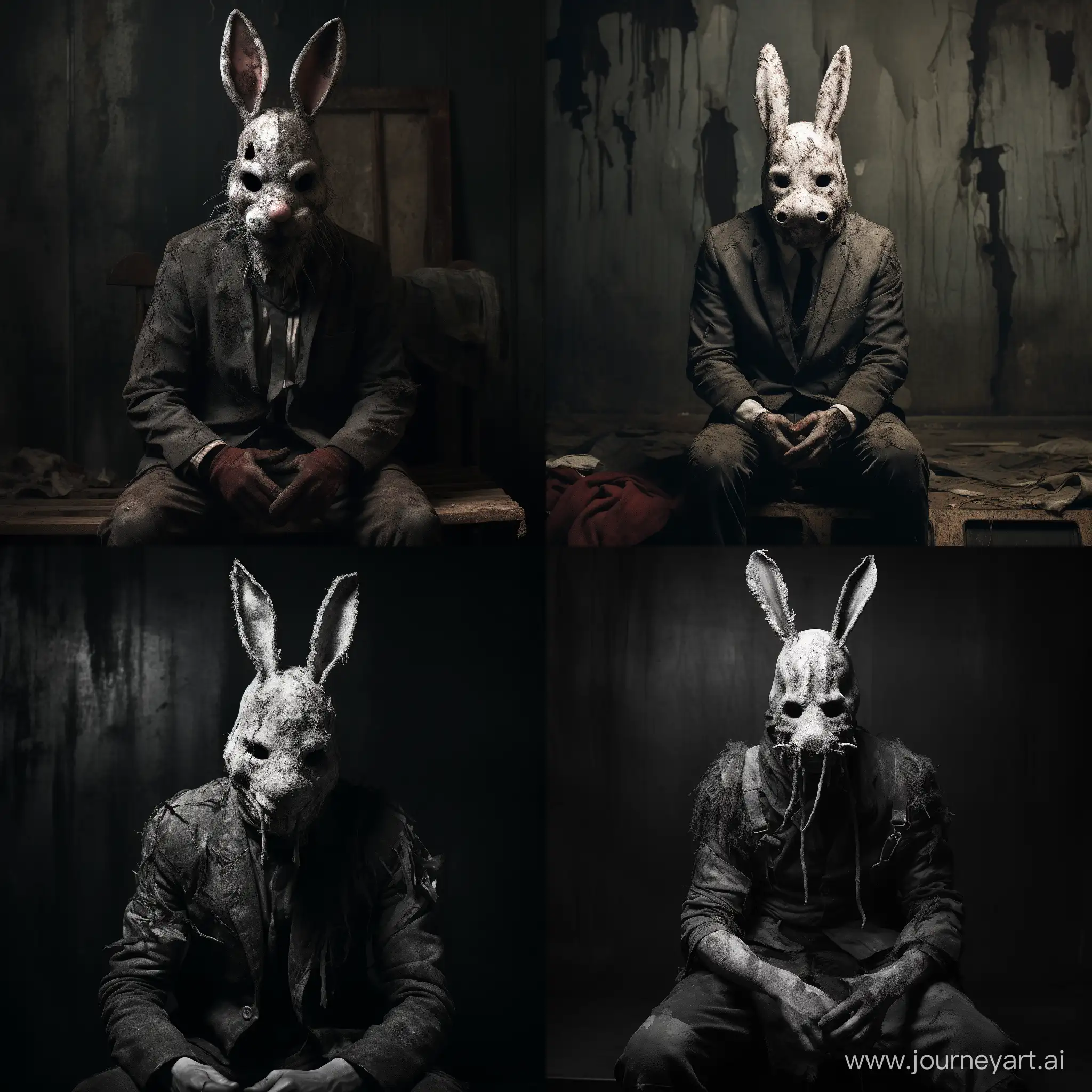 Creepy, nightmarish man with a meticulously crafted rabbit mask, wearing torn and filthy clothes, contrasty black and white photograph, low-key lighting, gritty textures, surreal atmosphere --ar 1:1 --s 150 --c 5 --v 5.2