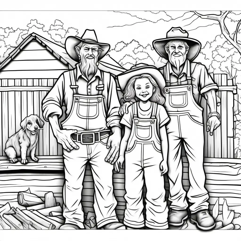 coloring book page of, a hillbilly family, vivid color, line drawing