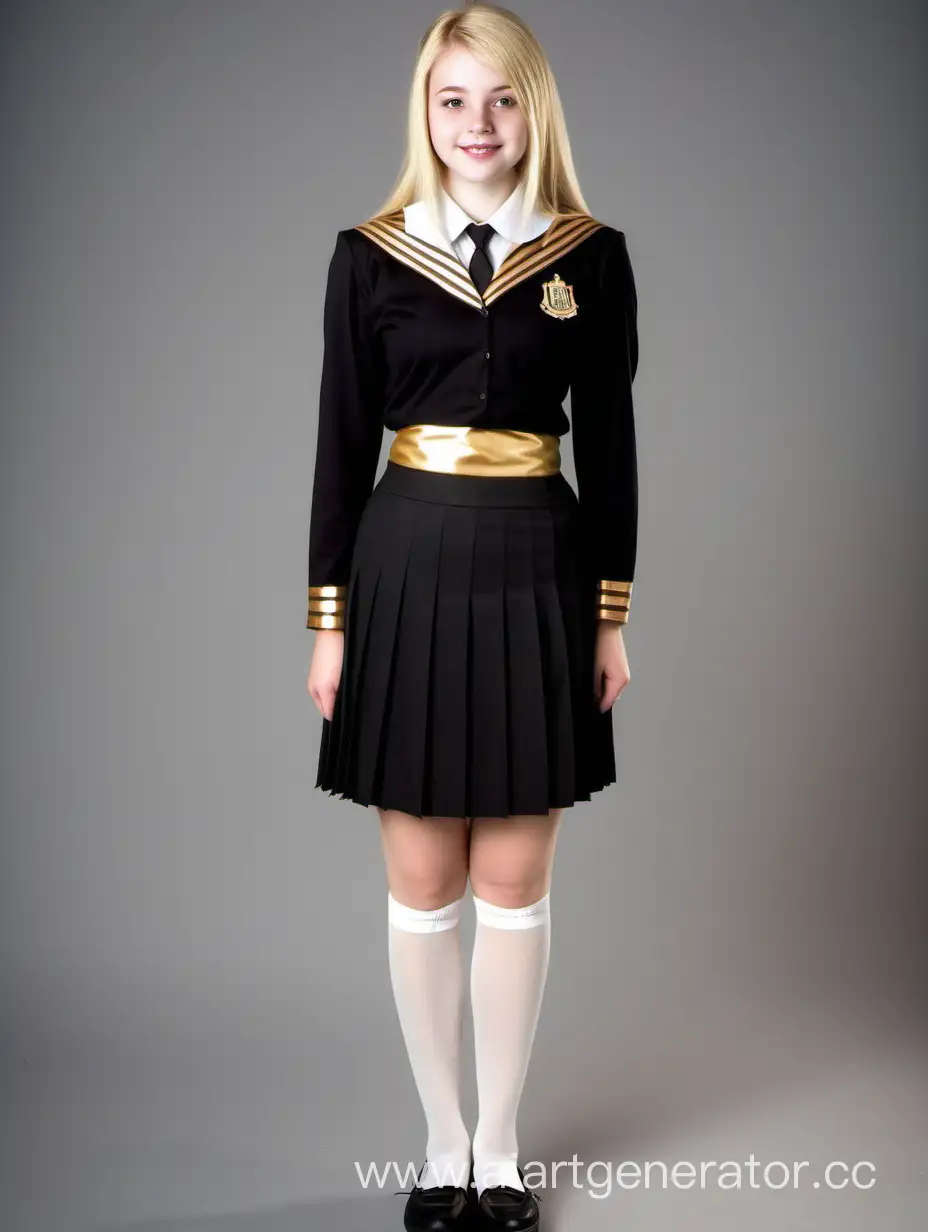 Blonde aged 20 years old in black student uniform, Pleated skirt with gold border, Standing In full growth, White pantyhose