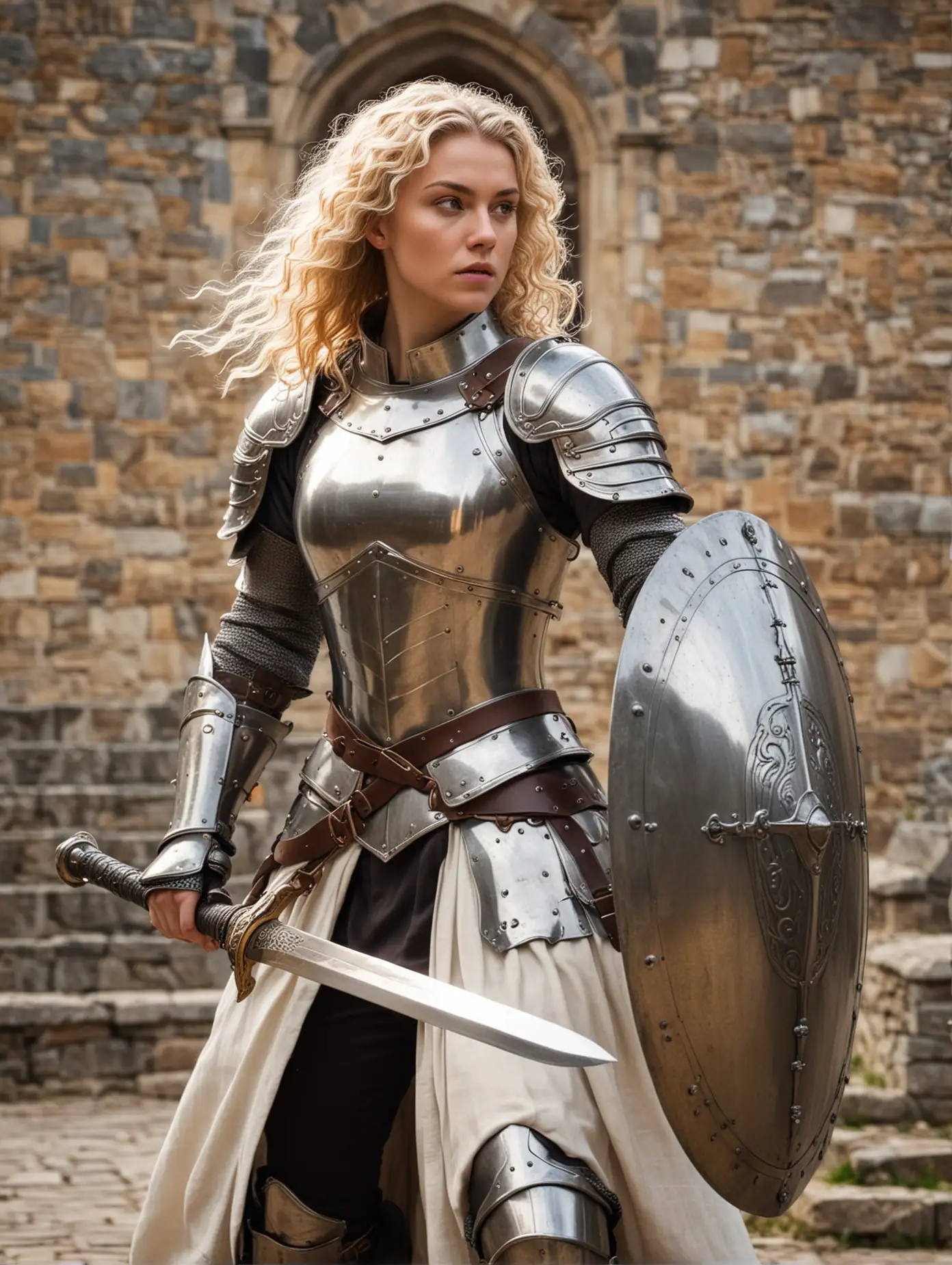 Blonde ringlets human female paladin looking intense in a fighting stance with longsword and heavy shield at a castle