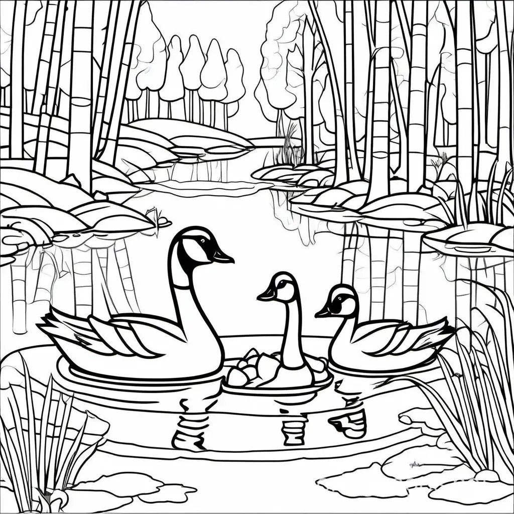 Canadian goose and goslings sitting next to the Canadian goose in a pond by the woods, Coloring Page, black and white, line art, white background, Simplicity, Ample White Space. The background of the coloring page is plain white to make it easy for young children to color within the lines. The outlines of all the subjects are easy to distinguish, making it simple for kids to color without too much difficulty