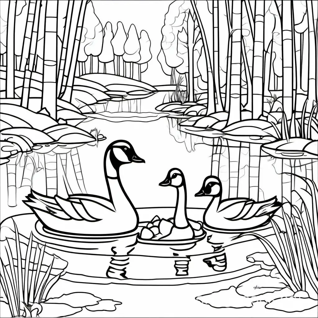 Canadian goose and goslings sitting next to the Canadian goose in a pond by the woods
, Coloring Page, black and white, line art, white background, Simplicity, Ample White Space. The background of the coloring page is plain white to make it easy for young children to color within the lines. The outlines of all the subjects are easy to distinguish, making it simple for kids to color without too much difficulty