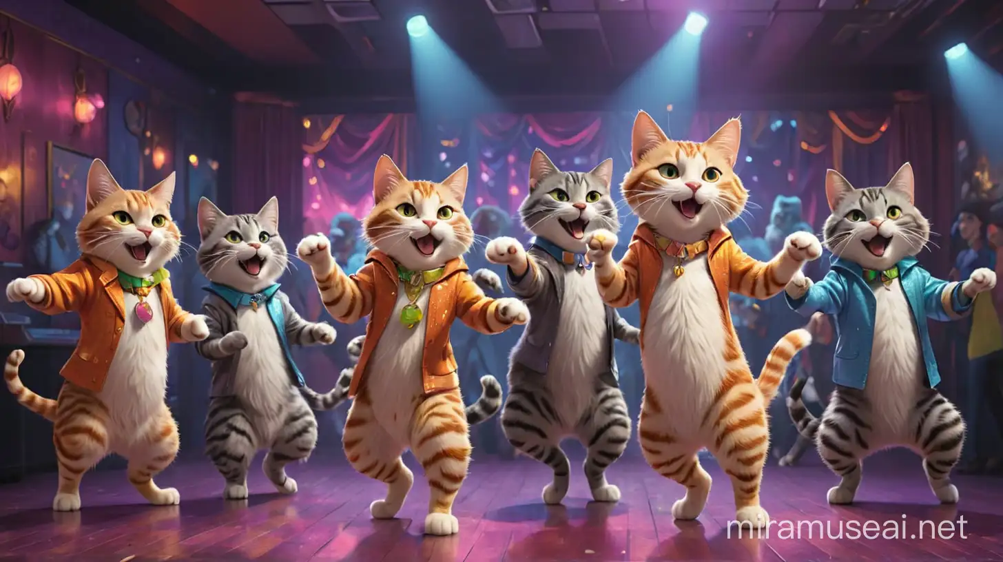 Joyful Cat Dance Party in a Colorful Disco Room