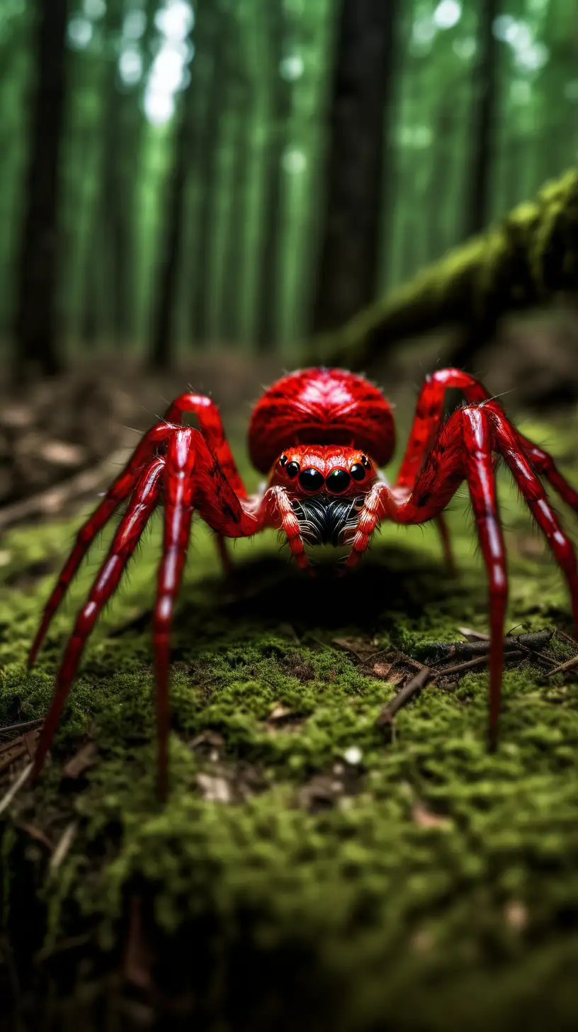 make a picture. foreign spider. in the middle of the forest. red. 10K HD image quality.