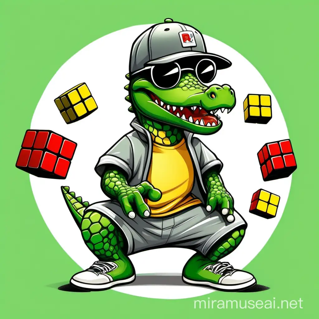 cute, adorable, cartoon-like green aligator, wearing grey sweatpants, sunglasses and baseball cap, joggling multiple rubik's cubes, big white circle in the background