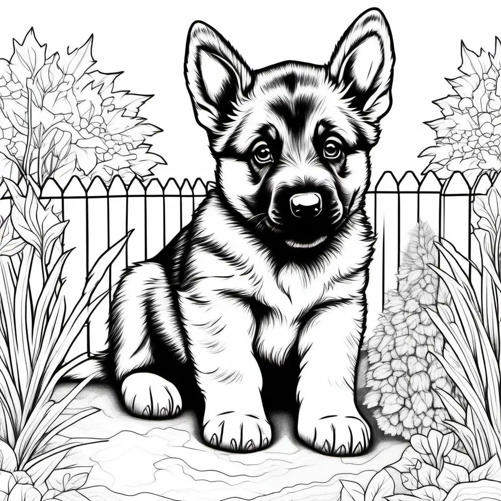  line drawing no shading, coloring book page for children, German shepard puppies