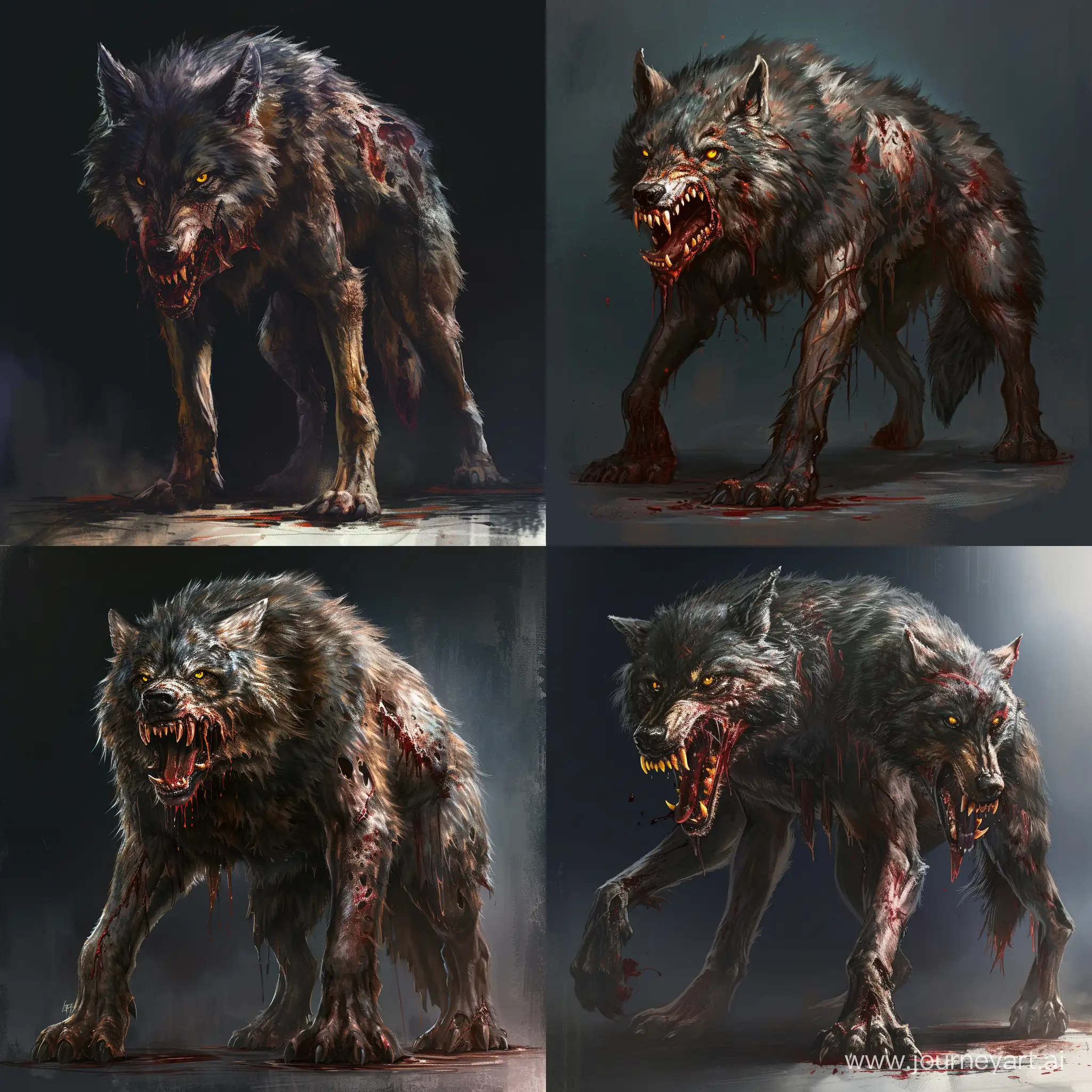 A behemoth of fur and fang, the Alpha Dire Wolf commands a presence that freezes the blood. Its coat, once lush and noble, is now a tapestry of dried blood and gore, accentuating the jagged scars that mar its massive form. Its eyes, twin orbs of piercing yellow, hold an intelligence as ancient and merciless as the void itself. With each thunderous step, the earth trembles, and the air is filled with a primal sense of dread, 1970's grim dark fantasy style, detailed, dark lighting, gritty, dark fantasy
