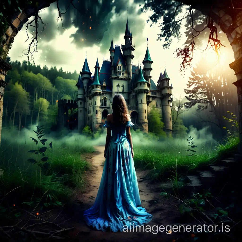girl in a dress behind castle, forest, mystical atmosphere, HD
