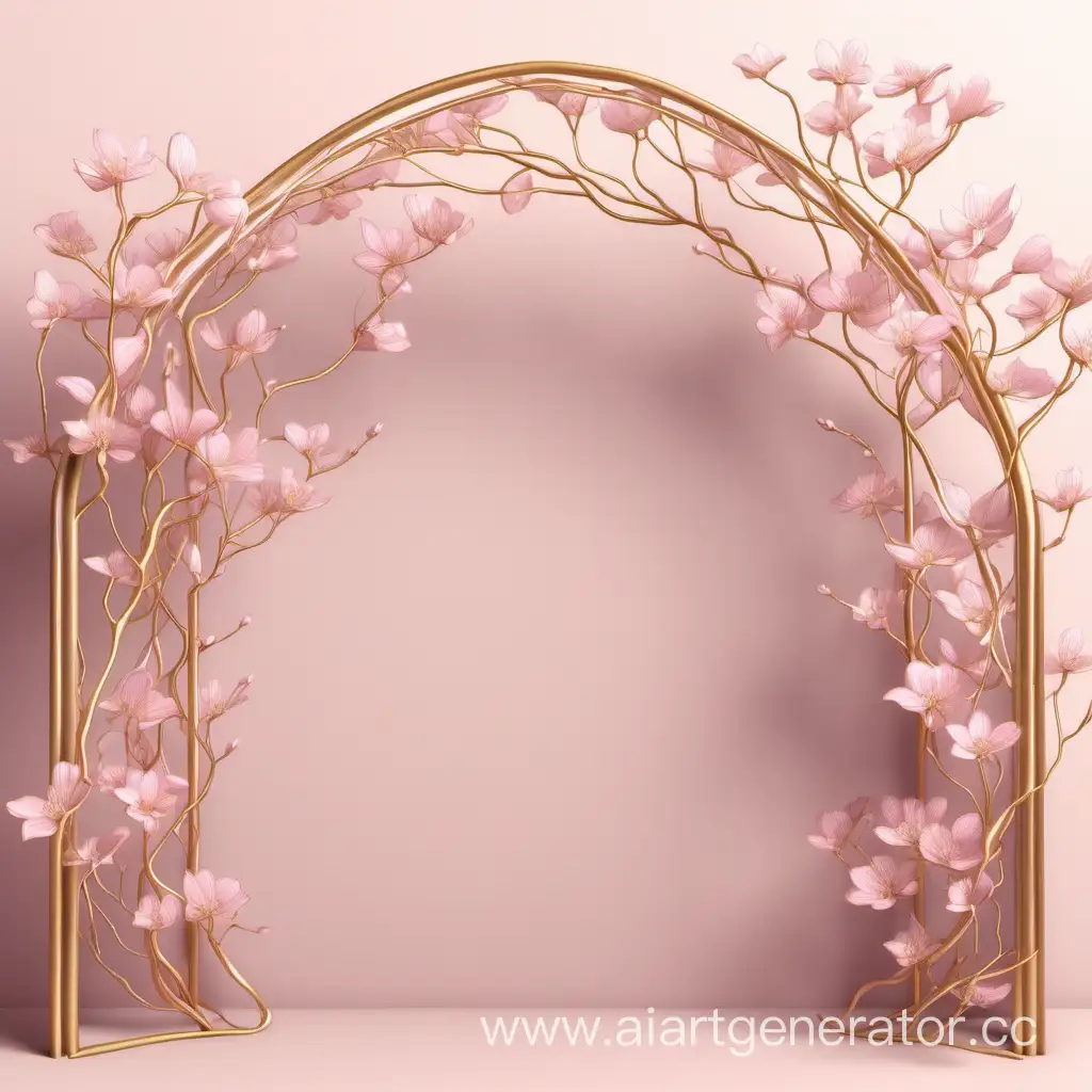 арка  многослойная нежно розовая . светлая  с золотыми  тонкими обрамлениями. извилистые цветущие веточки оплетают её.   без цветов 
на нежном фоне