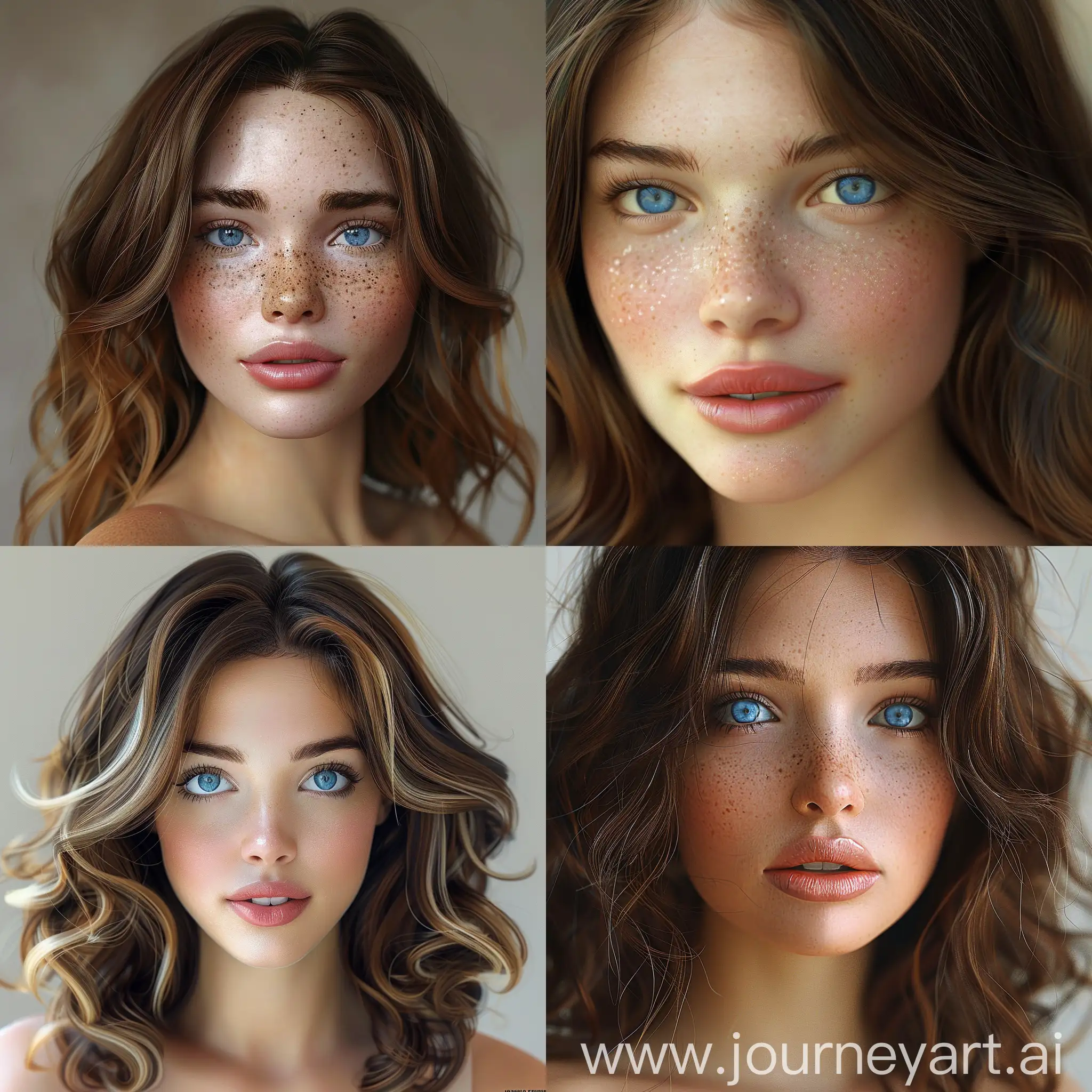 an ultra-realistic, photo-realistic full face and body image depicting a 21-year-old girl with a beautiful face and deep blue eyes. Her brown hair, decorated with lighter shades, gracefully falls to her shoulders, framing her face with elegance. Full lips paint a smile. Her beauty is a harmonious combination of unique and captivating features, which makes her irresistibly attractive. - Engage the viewer in the whimsical charm of the gaze by deliberately avoiding direct eye contact with the camera and focusing to the right.