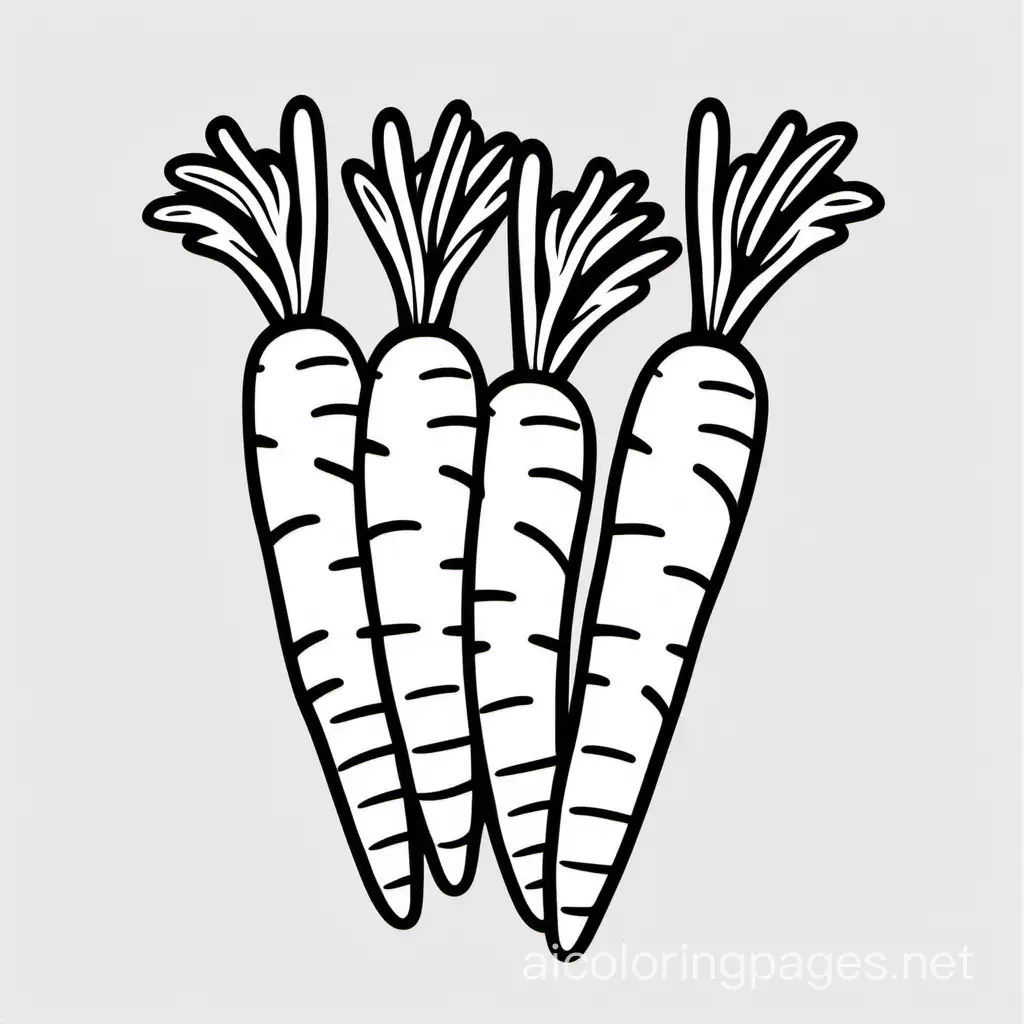 3 carrots bold ligne and easy  , Coloring Page, black and white, line art, white background, Simplicity, Ample White Space. The background of the coloring page is plain white to make it easy for young children to color within the lines. The outlines of all the subjects are easy to distinguish, making it simple for kids to color without too much difficulty