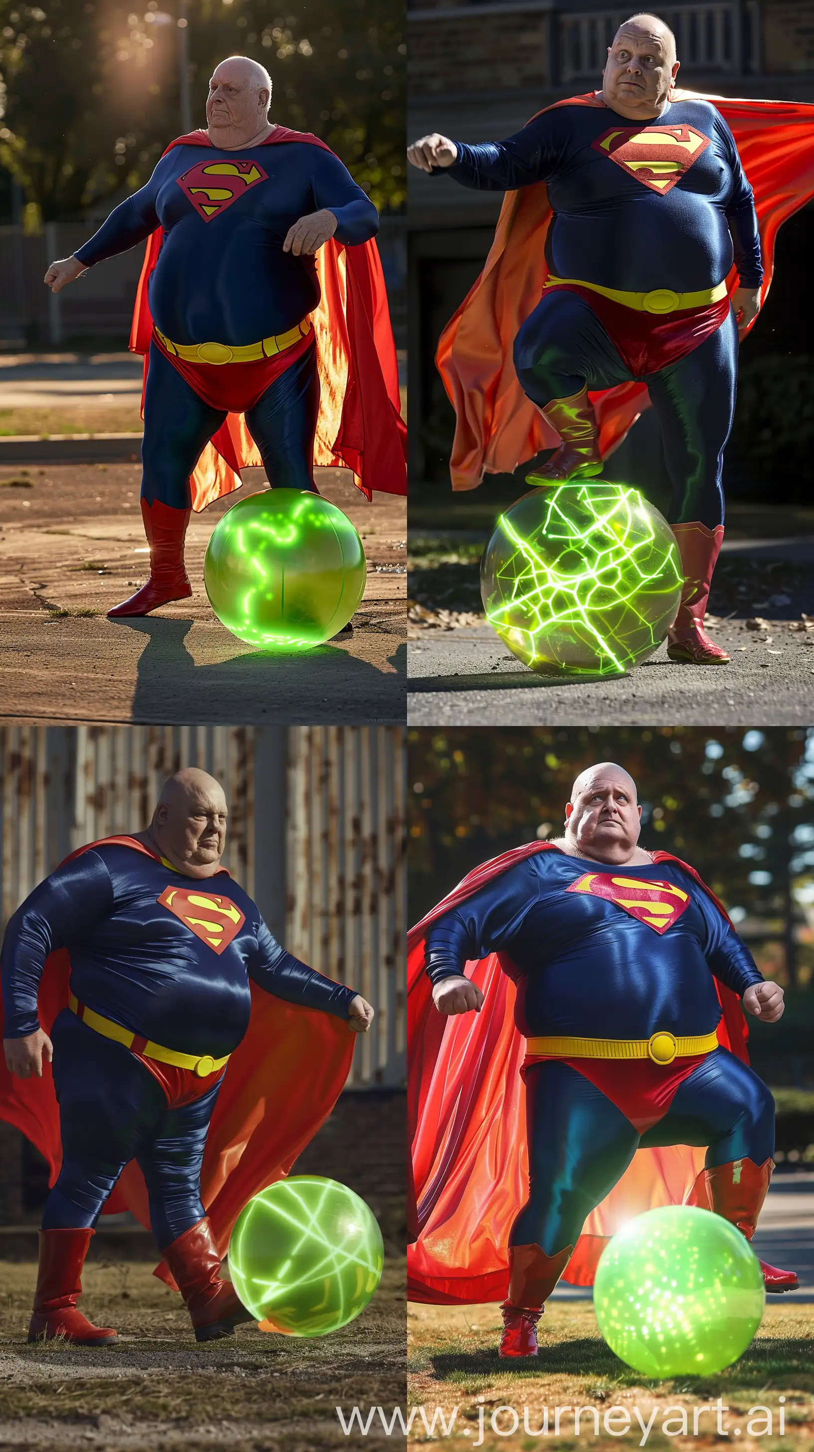 Front close-up photo of a fat man aged 60 wearing silk navy blue complete superman tight uniform with a large red cape, red trunks, yellow belt, red boots. Kicking a neon green green glowing ball on the ground. Outside. Bald. Clean Shaven. Natural light. --ar 9:16