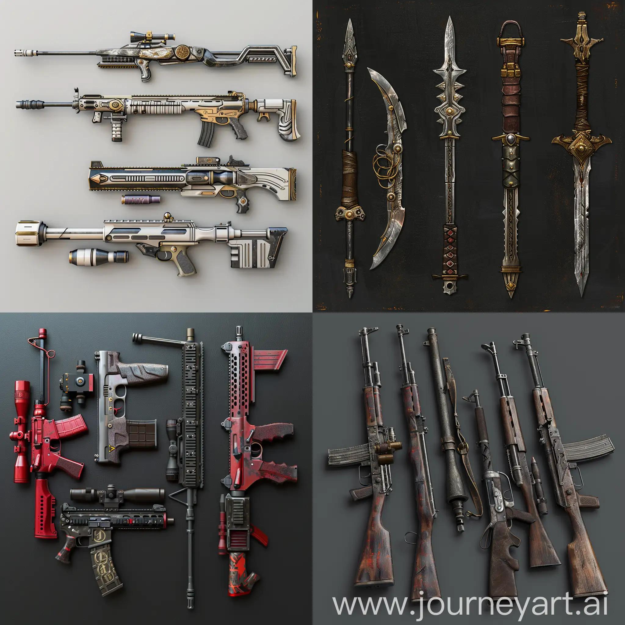 Create most detailed 4 images different types of weapons 