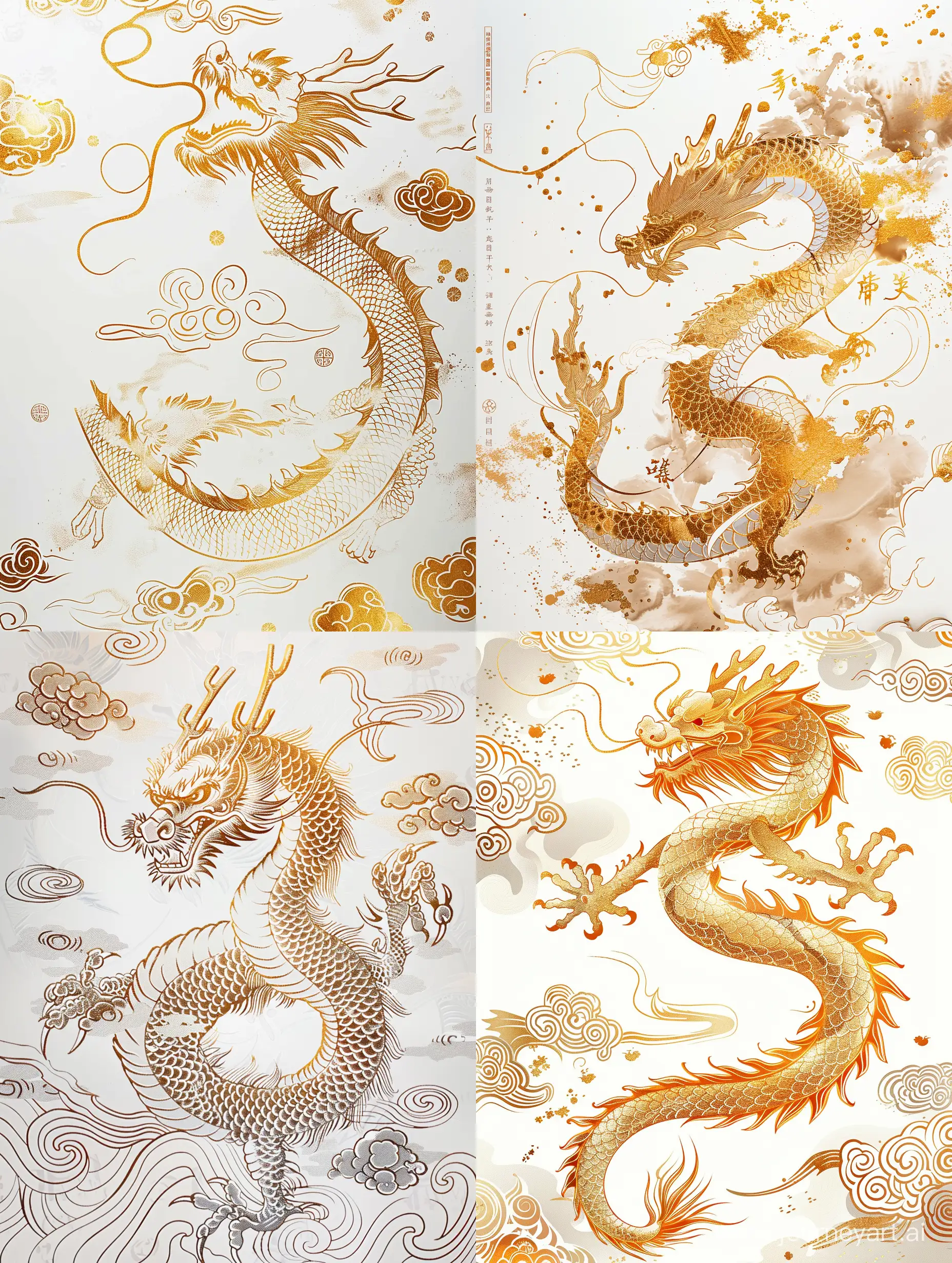 Chinese dragon, gilded lines, golden auspicious clouds, Chinese ink painting style, white background --ar 3:4 --v 6.0