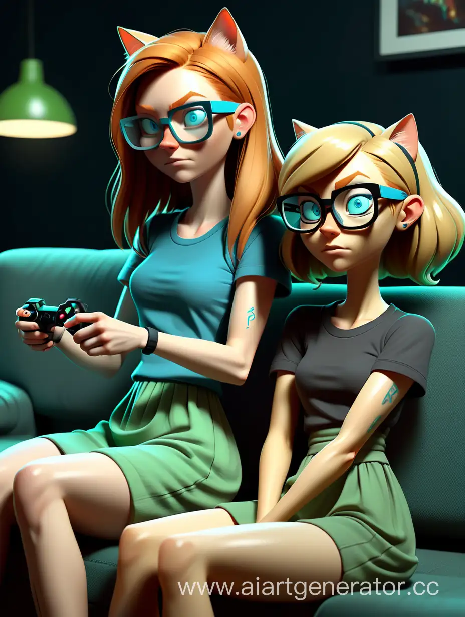 two women, playing video games on a couch in a dark room, cyberpunk, friends 
first woman: round glasses, long ginger hair, blue eyes, green dress
second woman: very short fair blonde hair, pixie haircat, blue eyes, tomboy black t-shirt