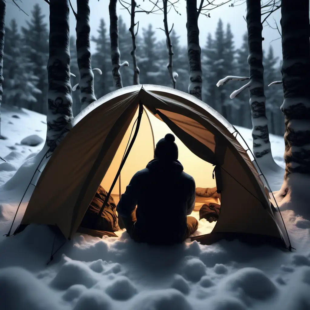 Creat hyped snowy Nordic forest scene, silhouette of hiking tent almost covered in snow, tent seen from side, silhouette og guy with beanie sitting inside, light from inside tent, night, detailed snowy branches, 1080p resolution, volumetric light, ultra 4K, high quality,