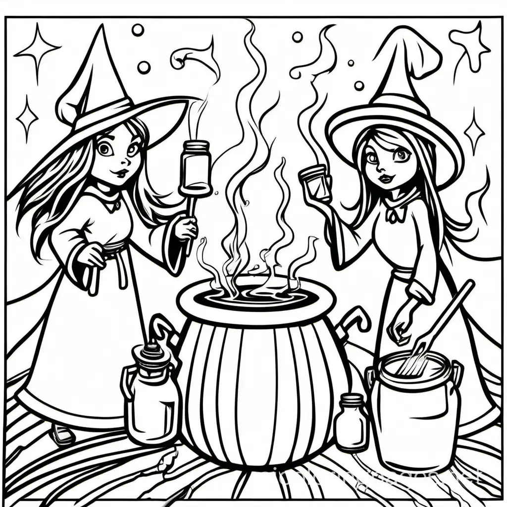 carming witches brewing potions
 ,bold lines with no colors, Coloring Page, black and white, line art, white background, Simplicity, Ample White Space. The background of the coloring page is plain white to make it easy for young children to color within the lines. The outlines of all the subjects are easy to distinguish, making it simple for kids to color without too much difficulty