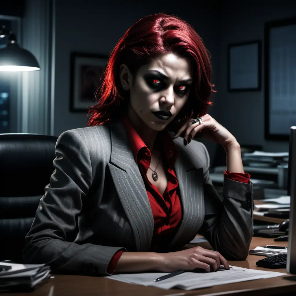 A female Brujah, journalist, gangster, red eyes, leaning against a desk, in an office room, night, realistic