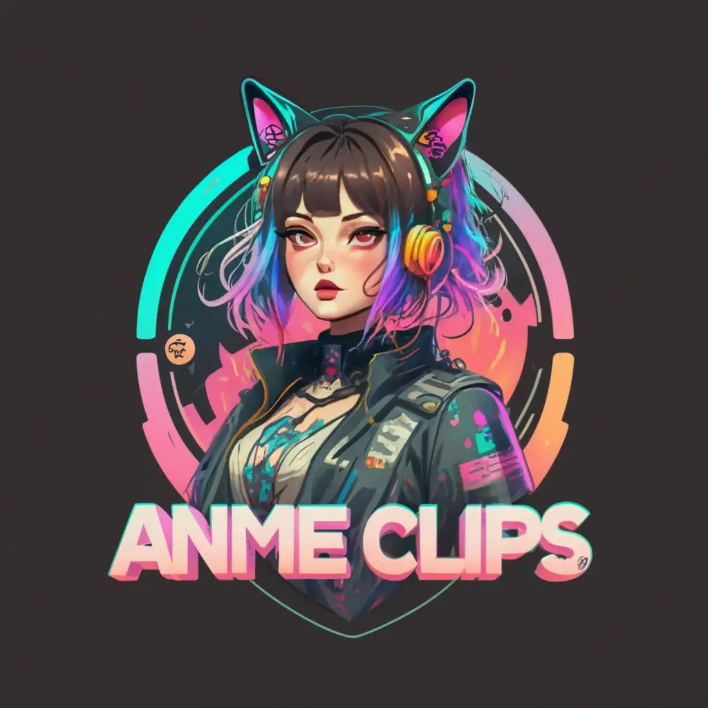 logo, with the text "anime clips", a sleek, well-developed logo featuring a stylishly dressed anime girl with cat ears. The girl exudes a cool and confident aura, with her outfit reflecting a futuristic and edgy fashion sense. The logo is dynamic and eye-catching, with vibrant colors and intricate details that capture the essence of the cyberpunk aesthetic., with the text "anime clips", typography, be used in Technology industry