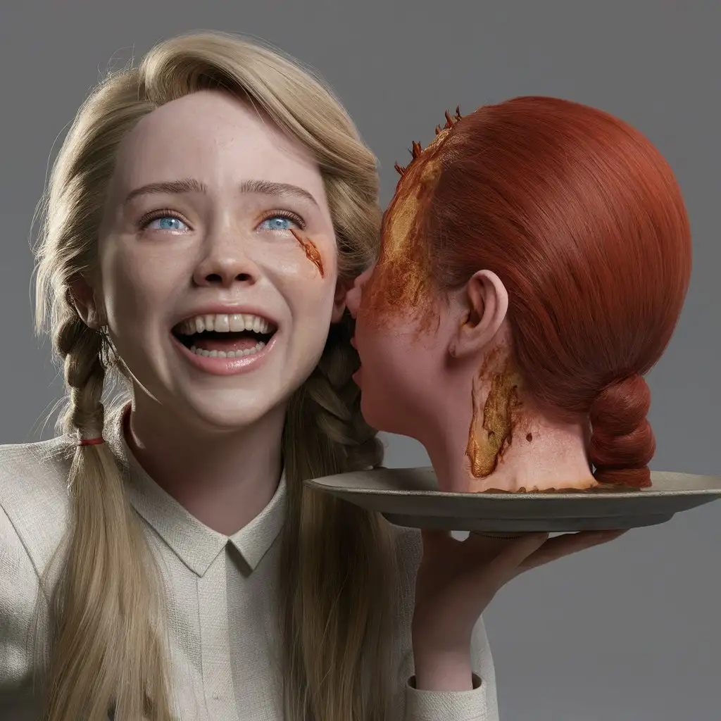3d ultra realist resolution render, unreal engine render image portrait of blond young twenty girl russian women long hair cry laughing take cut bitting redhead young twenty girl russian women head burned fixed on plate.