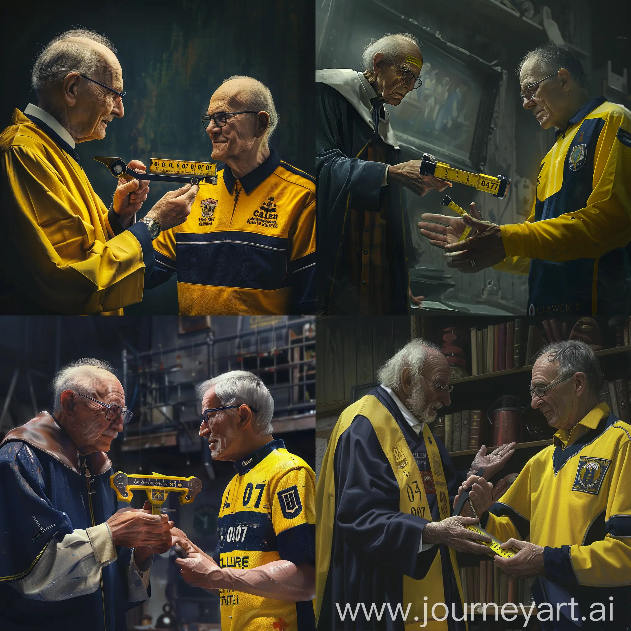 A ''Caliper'' with 03.07 written on it, in yellow and dark blue colors. An old clergyman gives the yellow and dark blue caliper in his hand to a man in a Yellow and Navy jersey. A man gives a caliper, 03.07 caliper.